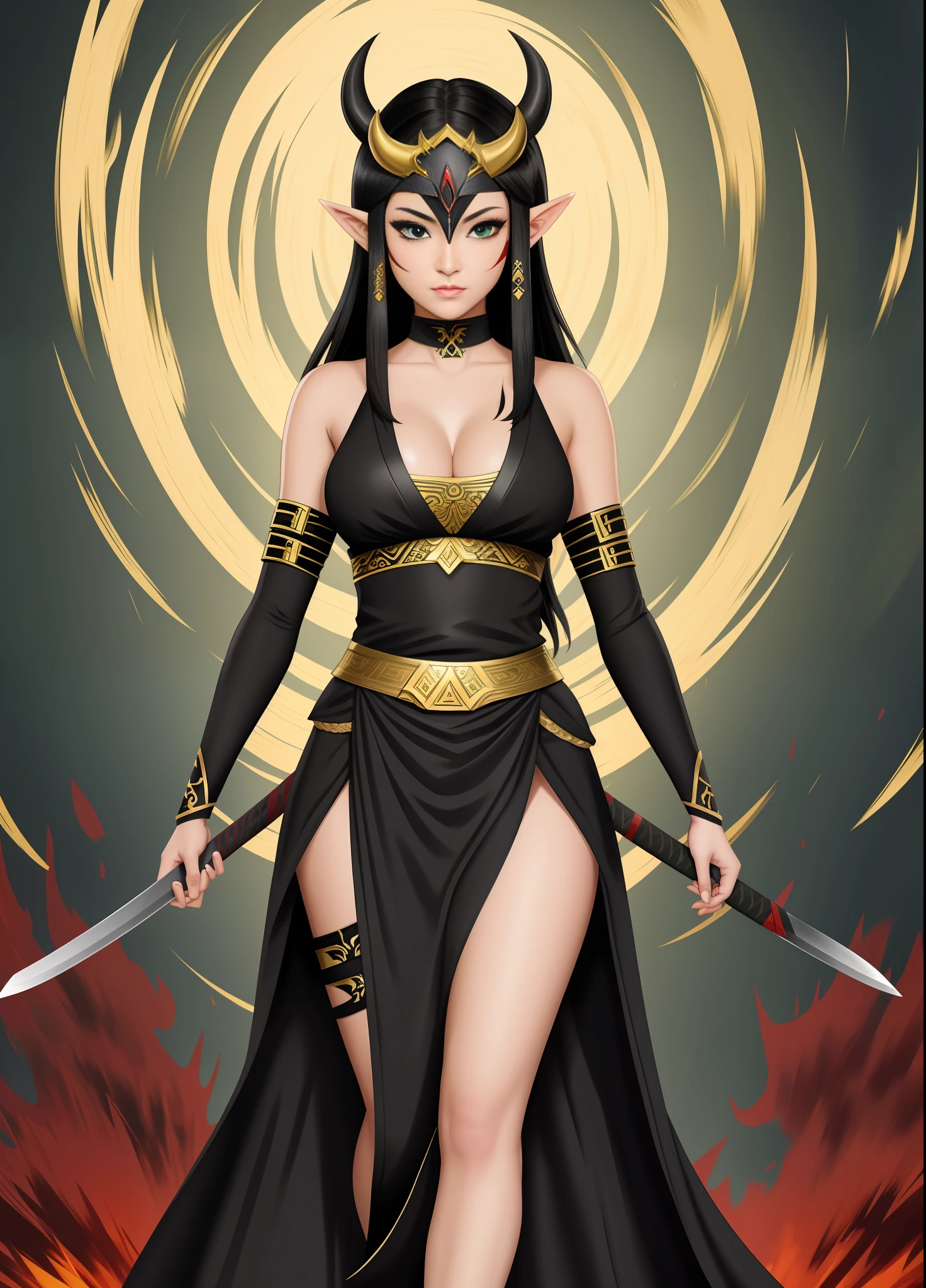 full body, of Princess Zelda as Shinobi, costume all black with gold stripes, she has large breasts, (short black hair), ((wearing Oni mask on her face)), cut scar over right eye, (green eyes), a katana attached to her waist, blood all over her clothes, she is in an ancient ninja Temple full of swords stuck in the ground, Anime, masterpiece, 16k, award winning, best quality, high details, UHD, masterpiece, anatomically correct