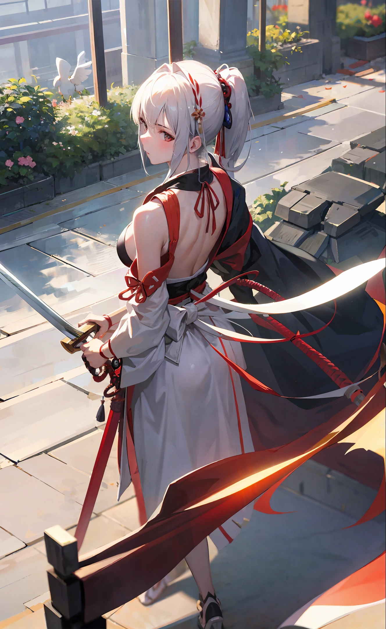 Dual wielding, swordsman, samurai, three swords, sword in both hands, sword at waist, beautiful girl, white skin, delicate, kimono, bikini, T-back