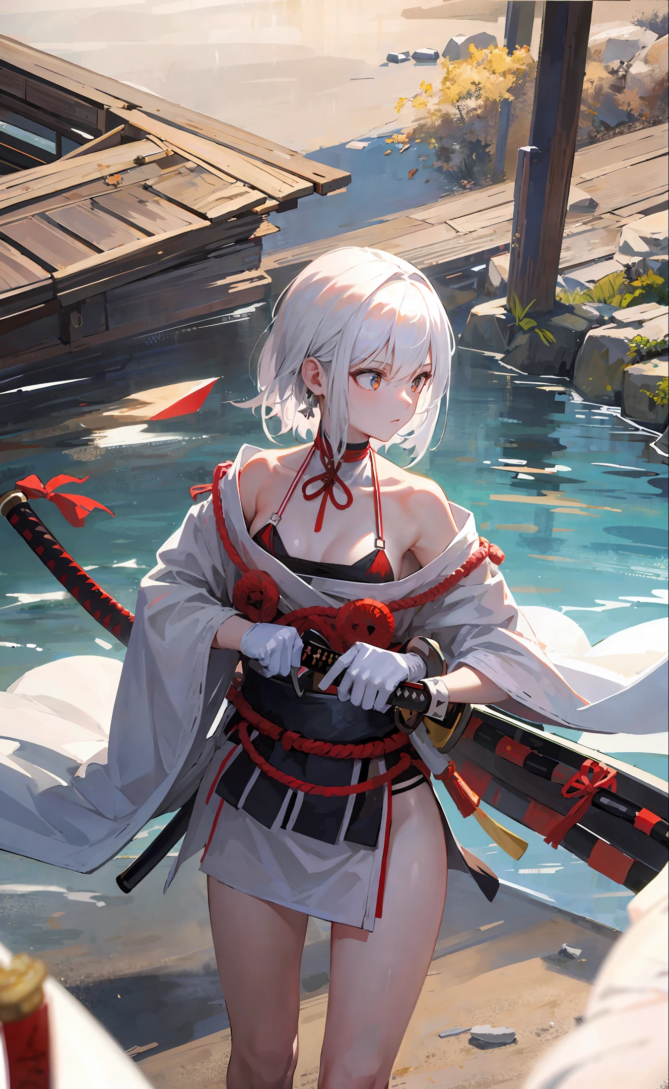 Dual wielding, swordsman, samurai, three swords, sword in both hands, sword at waist, beautiful girl, white skin, delicate, kimono, bikini, T-back