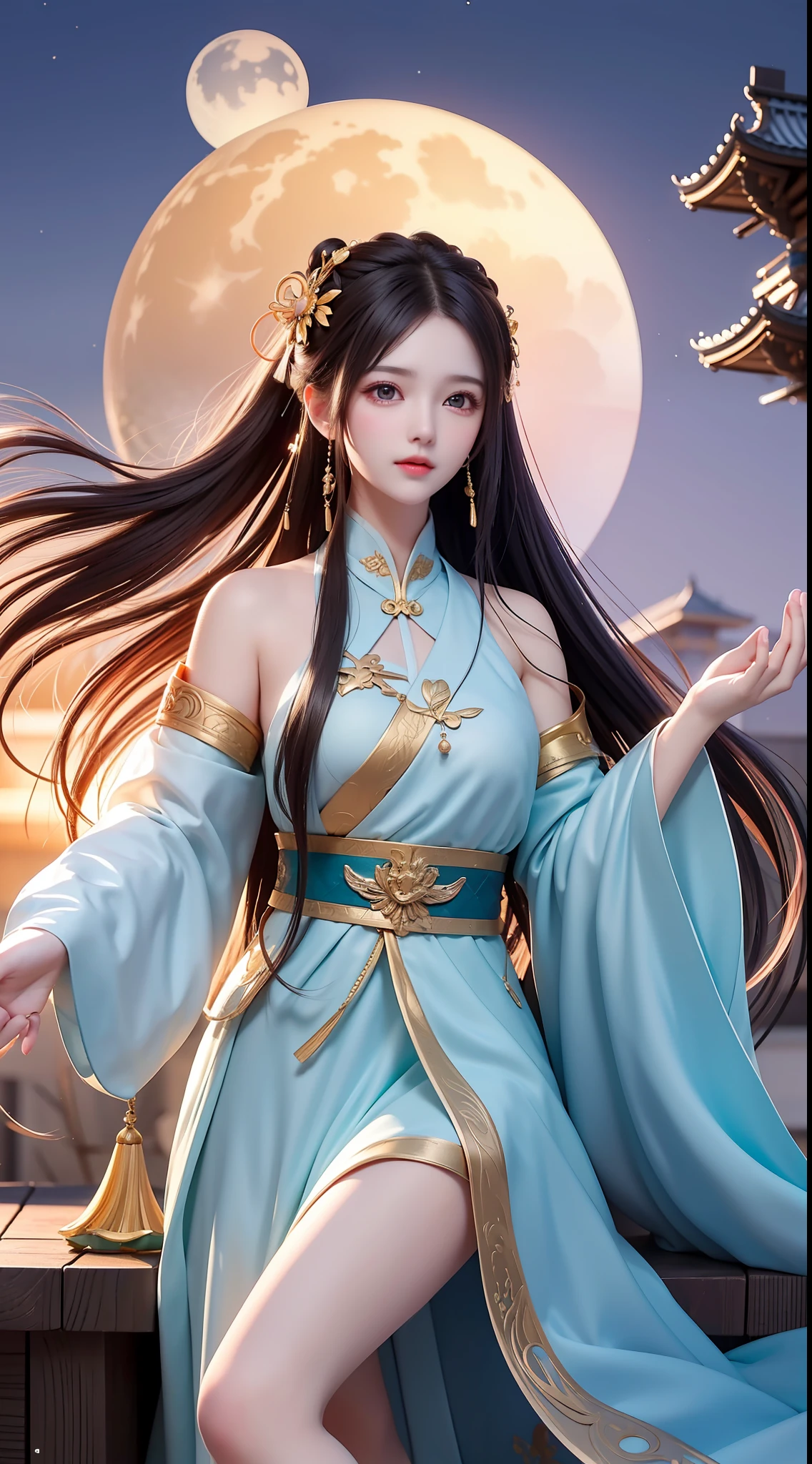 (8k, RAW photo:1.2), best quality, ultra high res,dramatic angle,(fluttered detailed color splashs), (illustration),(((1 girl))),(long hair),(rain:0.9), (头饰:1.4),少女身边有一座古宫,汉服,(重点),彩色水墨画,(泼彩),泼彩,(((colorful))),(素描:0.8) , Masterpiece, best quality, beautiful painted, highly detailed,(denoising:0.6),[splash ink],((ink refraction)), (beautiful detailed sky),moon,highly,detaild,(masterpiece, best quality, extremely detailed） CG unity 8k壁纸，杰作，最好的质量，超详细），（石蒜），