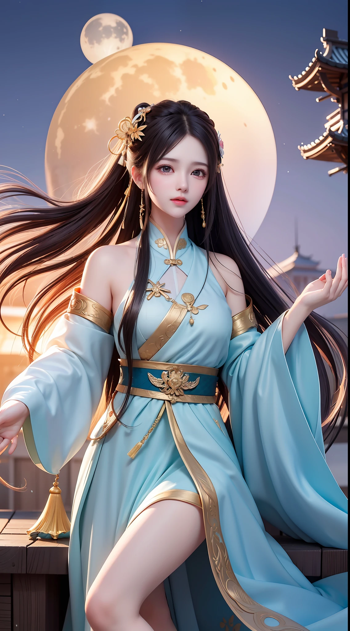 (8k, RAW photo:1.2), best quality, ultra high res,dramatic angle,(fluttered detailed color splashs), (illustration),(((1 girl))),(long hair),(rain:0.9), (头饰:1.4),少女身边有一座古宫,汉服,(重点),彩色水墨画,(泼彩),泼彩,(((colorful))),(素描:0.8) , Masterpiece, best quality, beautiful painted, highly detailed,(denoising:0.6),[splash ink],((ink refraction)), (beautiful detailed sky),moon,highly,detaild,(masterpiece, best quality, extremely detailed） CG unity 8k壁纸，杰作，最好的质量，超详细），（石蒜），