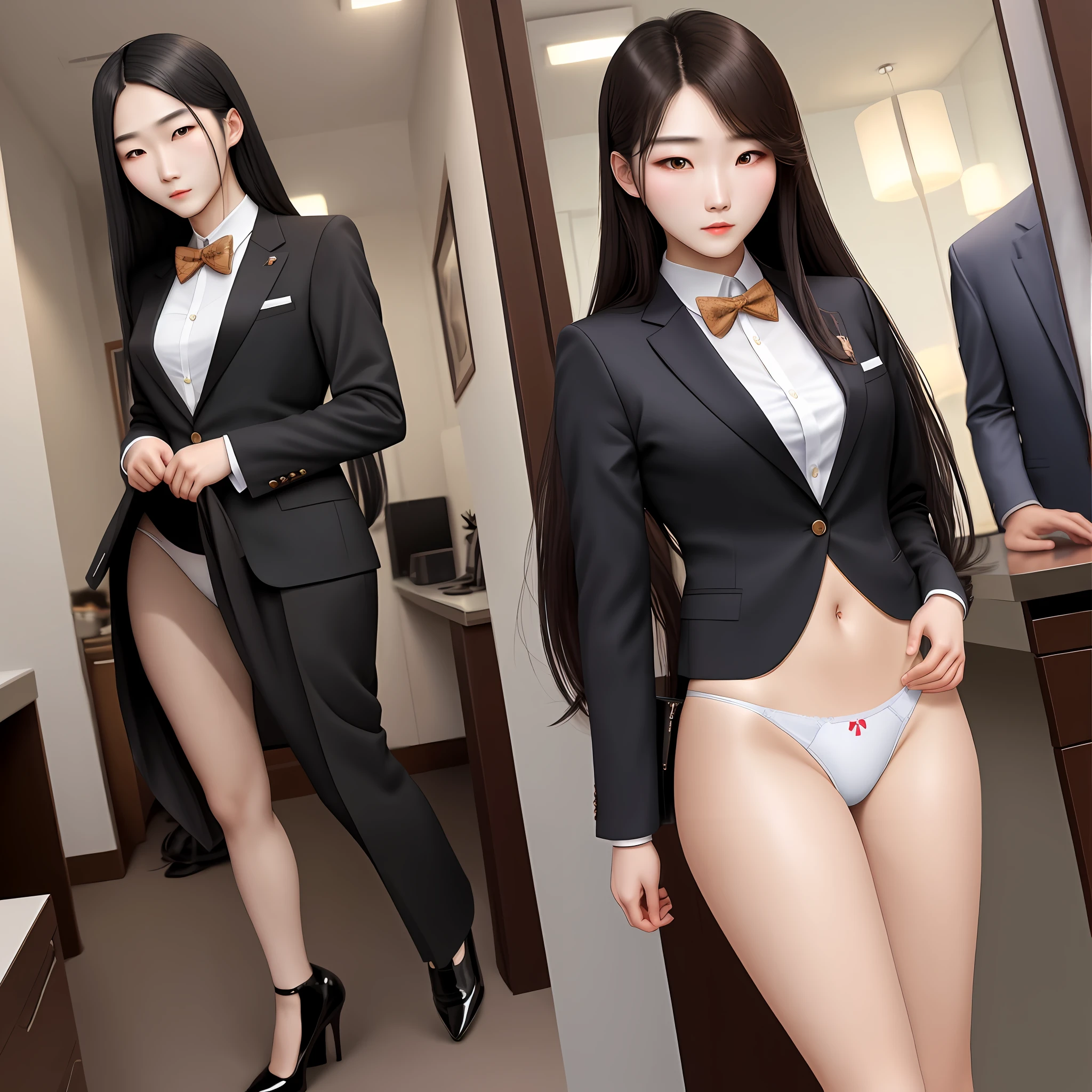 korean man, feminine, cross-dressing, middle breasts, brazier, 19 years old, business clothes with open buttons, women's panties, long hair, beautiful shiny skin, high heels, nsfw, nude, feminine body