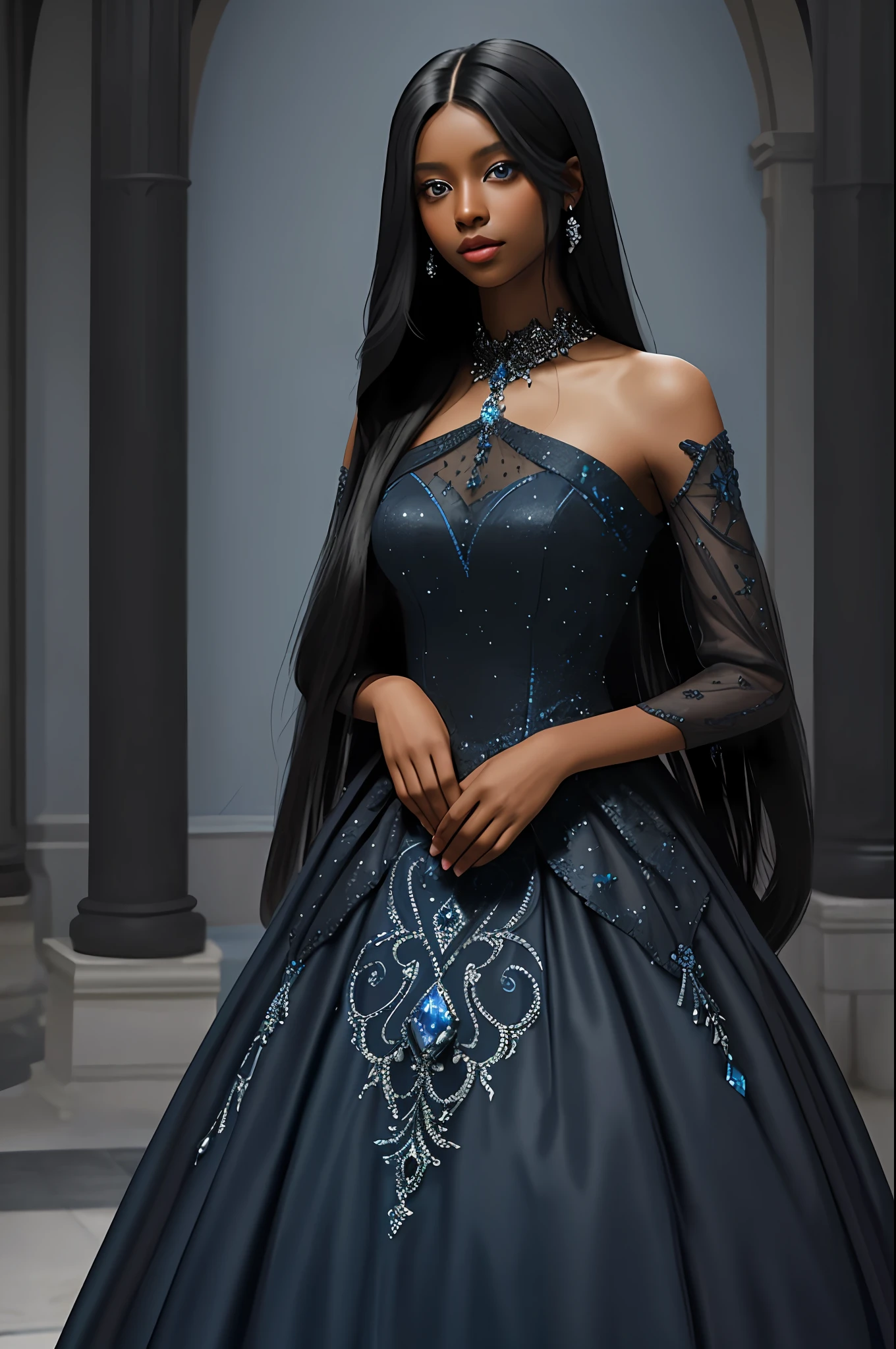 dark skinned woman, blue eyes, black long straight hair, using ball dress, upper body, masterpiece, fancy hall at background