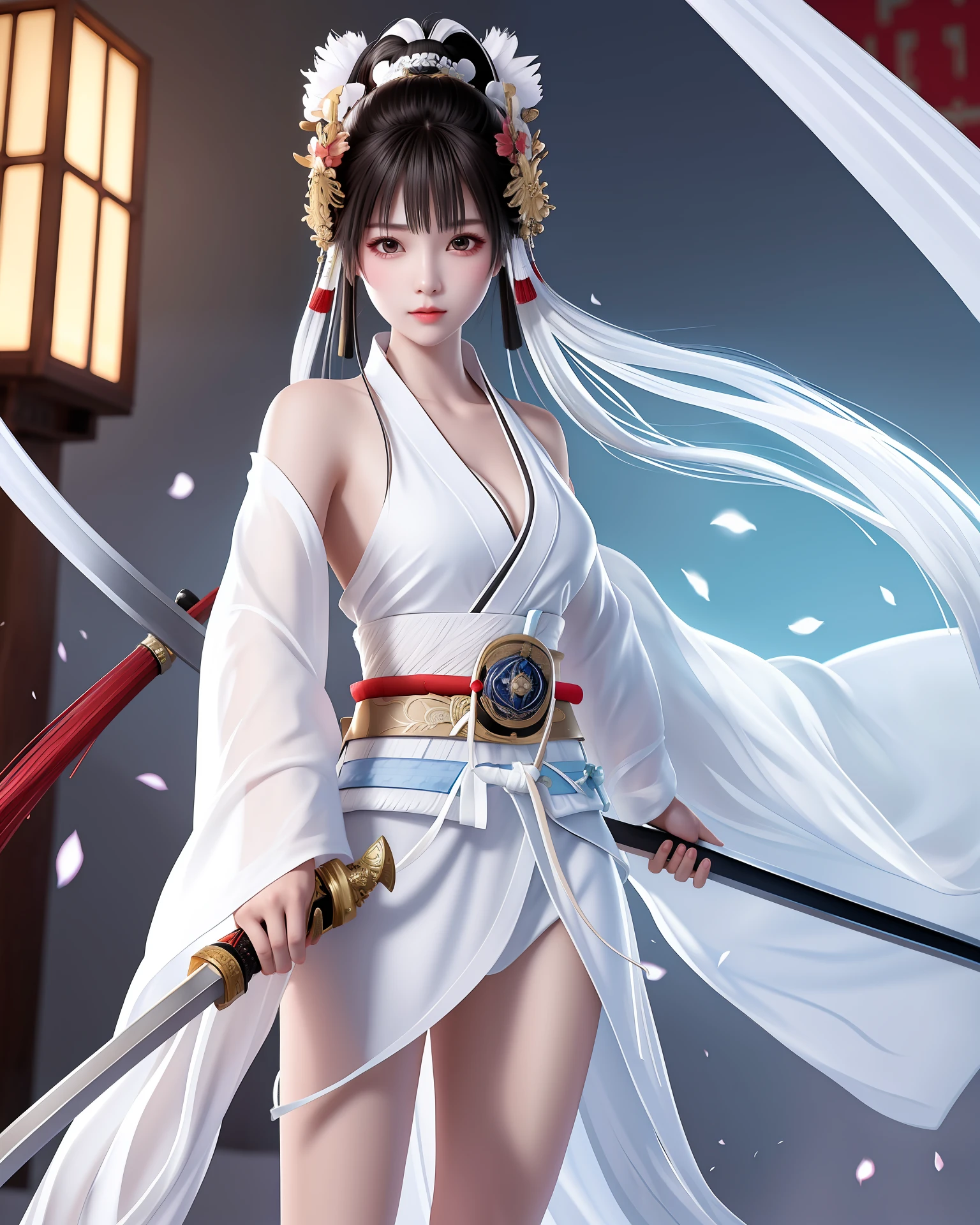 Dual wielding, swordsman, samurai, three swords, swords in both hands, swords at the waist, beautiful girl, white skin, delicate, kimono, bikini, T-back, rampage,