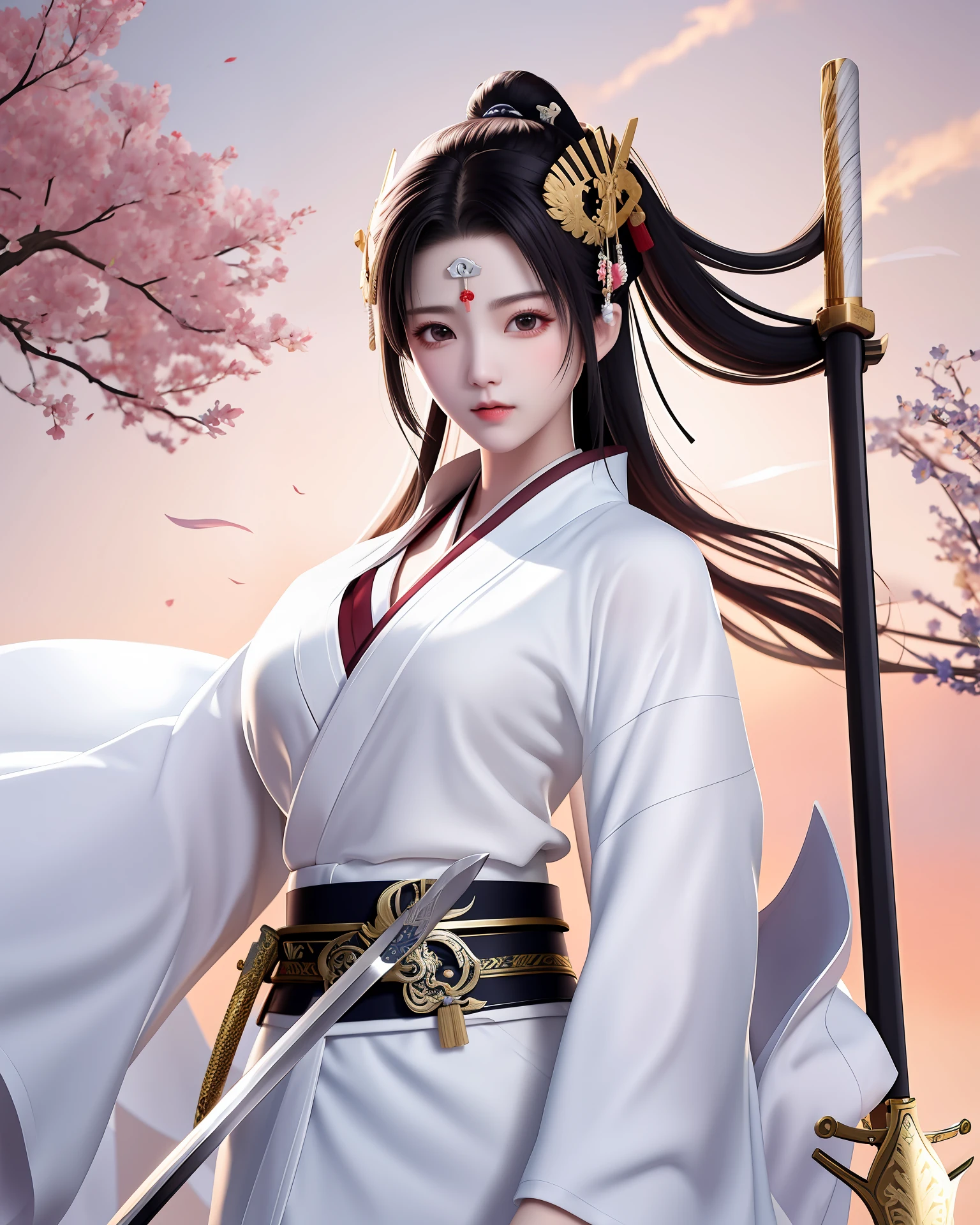 Dual wielding, swordsman, samurai, three swords, swords in both hands, swords at the waist, beautiful girl, white skin, delicate, kimono, bikini, T-back, rampage,
