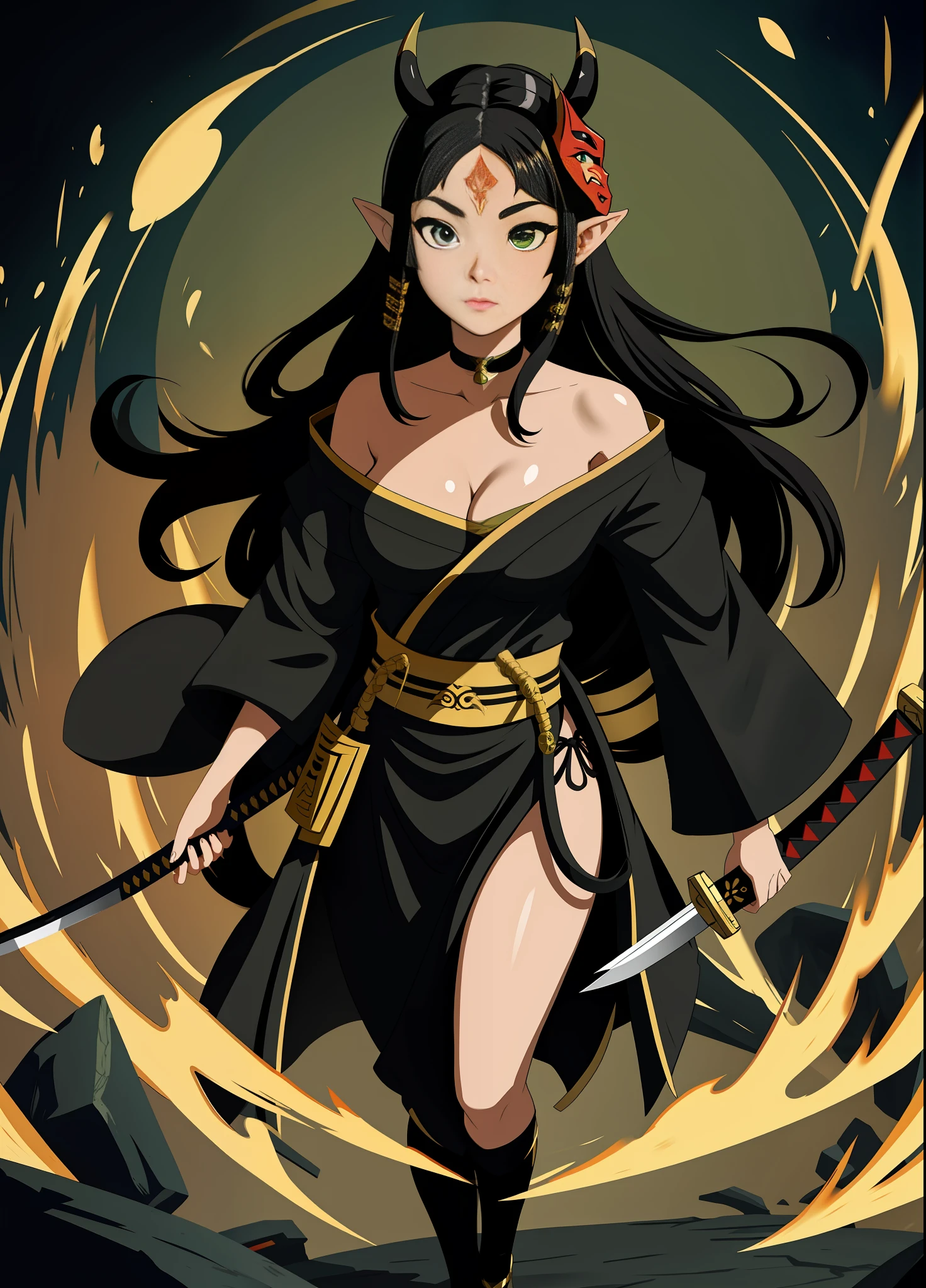 full body, Standing, Princess Zelda as Shinobi, costume all black with gold stripes, she has large breasts, (short black hair), ((wearing Oni mask on her face)), cut scar over right eye, (green eyes), a katana attached to her waist, blood all over her clothes, she is in an ancient ninja Temple full of swords stuck in the ground, Anime, masterpiece, 16k, award winning, best quality, high details, UHD, masterpiece, anatomically correct