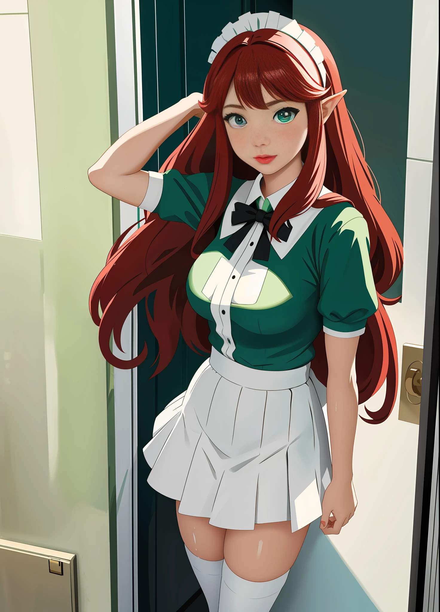 Whole body standing, 1 Princess Zelda in black maid outfit with white stockings with barrettes on skirt, Gigantic Breasts, (long red hair, movement in the wind) and (green eyes), lips with red lipstick, light makeup, looking at viewer, well defined and uniform body, she is facing the entrance door of the bathroom the shower is open with smoke from the hot water coming out of the door, her body is completely sweaty due to the heat, maid headdress, Anime, masterpiece, 16k, award winning, best quality, high details, UHD, masterpiece, anatomically correct