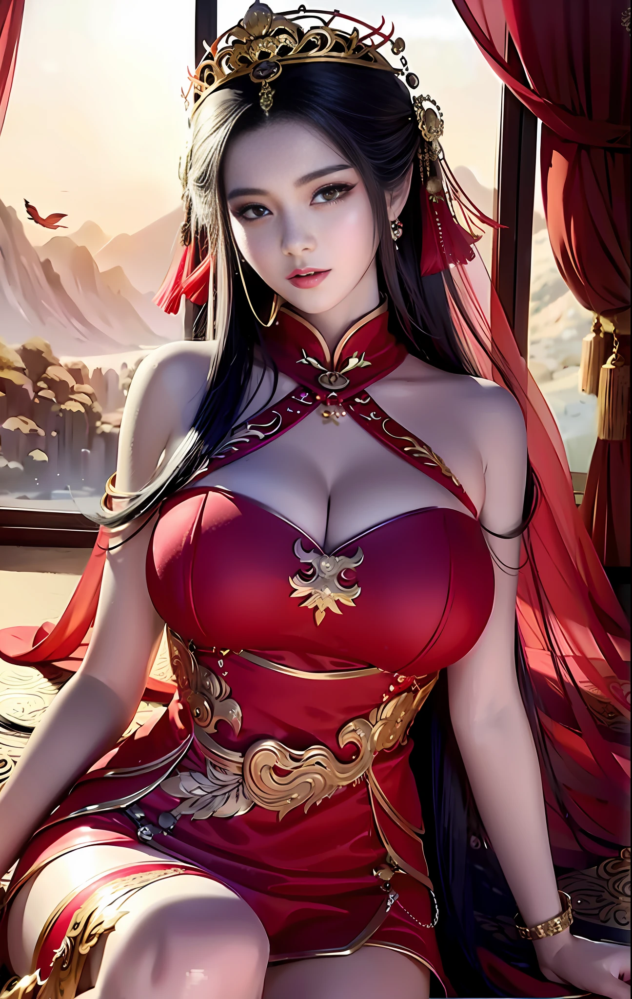araffe asian woman in a red dress sitting on a bed, elegant glamourous cosplay, a beautiful fantasy empress, gorgeous chinese model, japanese goddess, chinese princess, full body xianxia, wearing a red cheongsam, with acient chinese clothes, beautiful alluring anime woman, beautiful goddess, palace ， a girl in hanfu, ornate cosplay, chinese dress