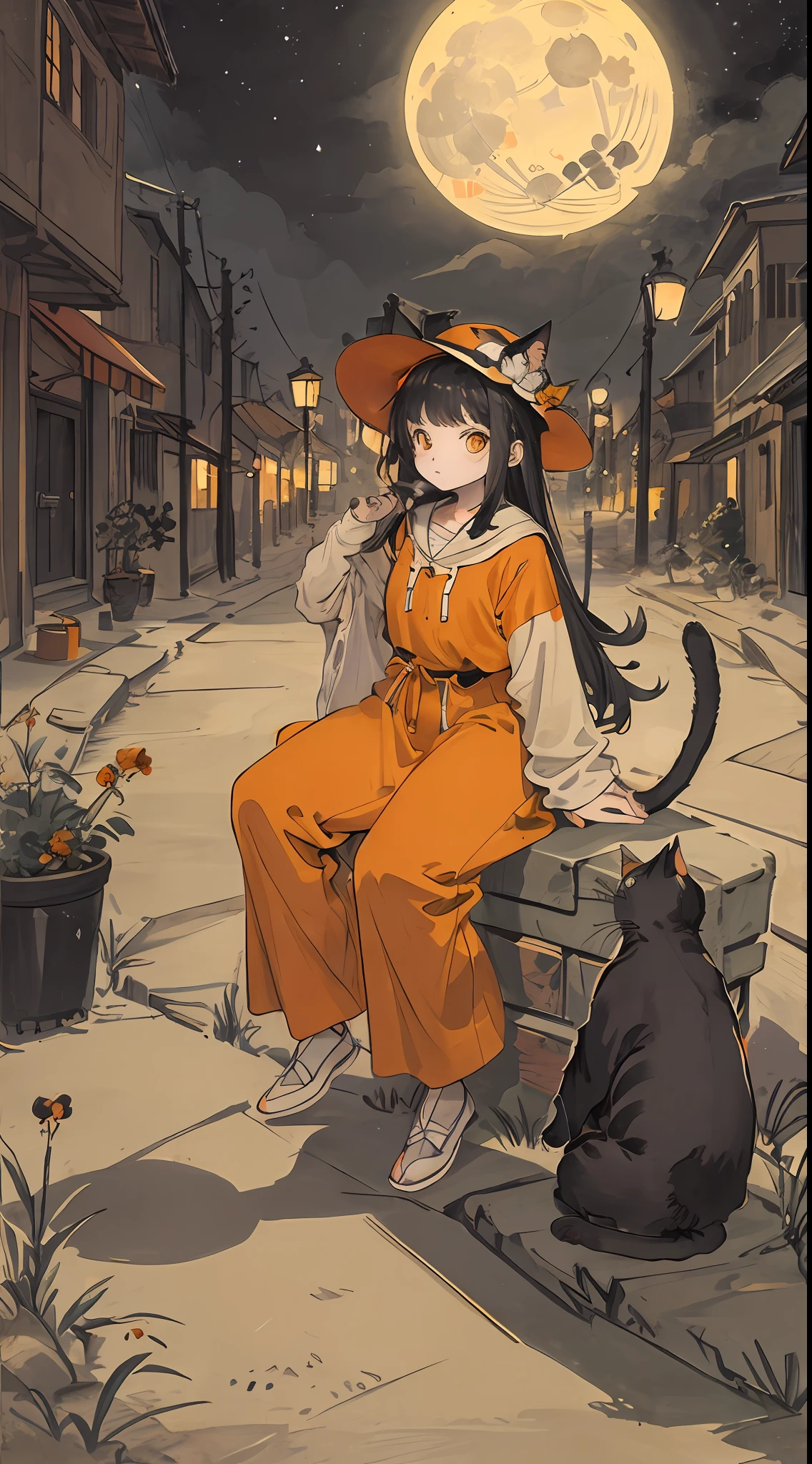 cat, orange, cute, big eyes, masterpiece, full moon, alley