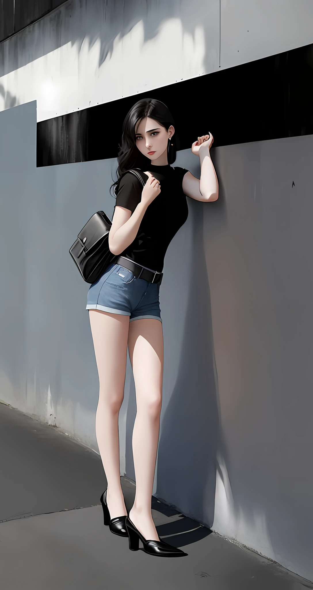 A girl in white skin and black dress leaning against the wall, pale skin, black short-sleeved shirt, dark denim shorts, long legs, left hand raised and leaning, right shoulder carrying a small leather bag, cap, beautiful digital artwork, realistic effect, high texture