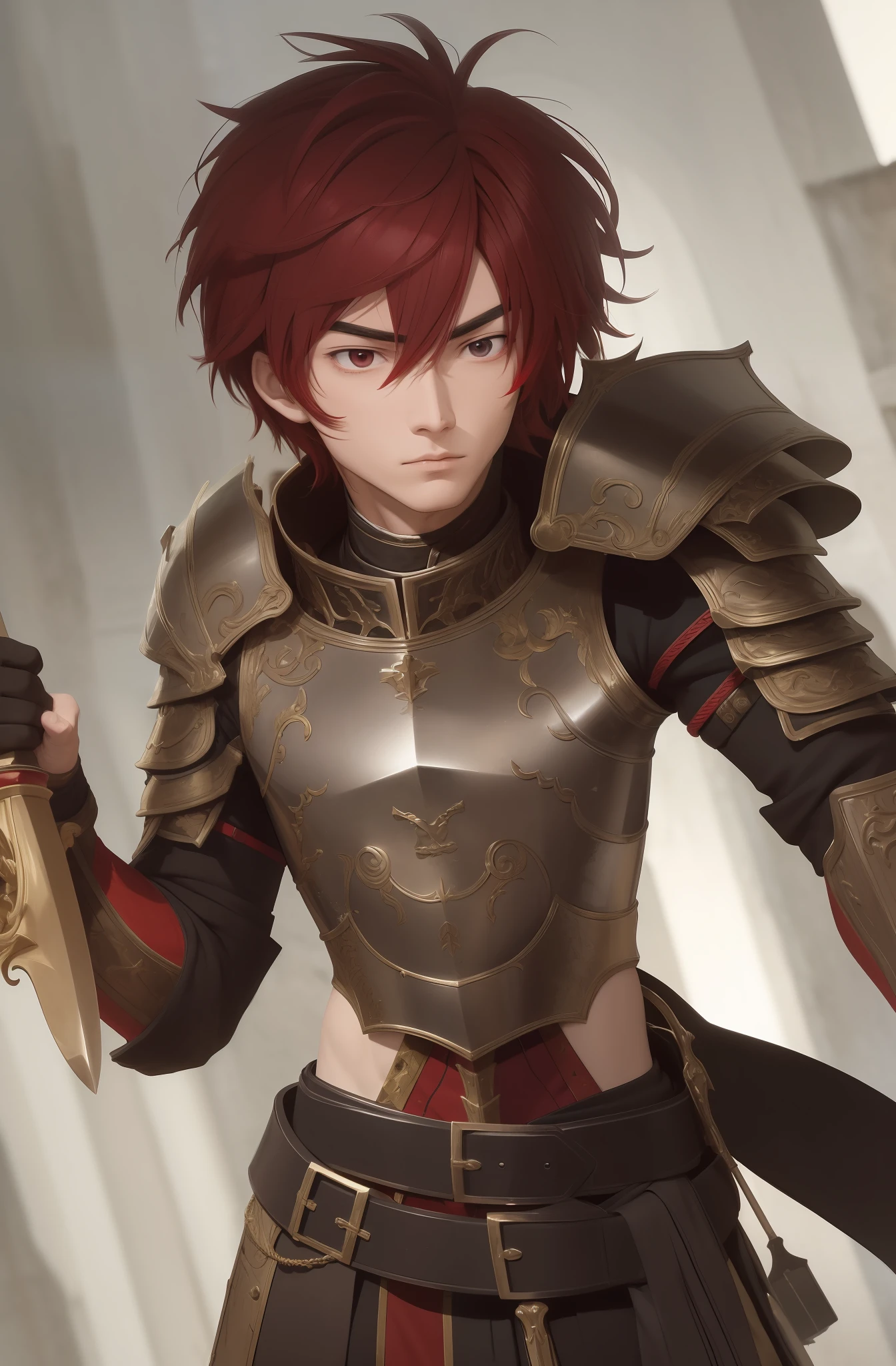 A strong anime male dressed in bright red medieval armor with the quality of a classical masterpiece. He has a resolute face and explosive muscles, wind and sand, holding a long-handled knife, chopping action, best quality, 8k, movie, incredible detail, incredible skin, polished