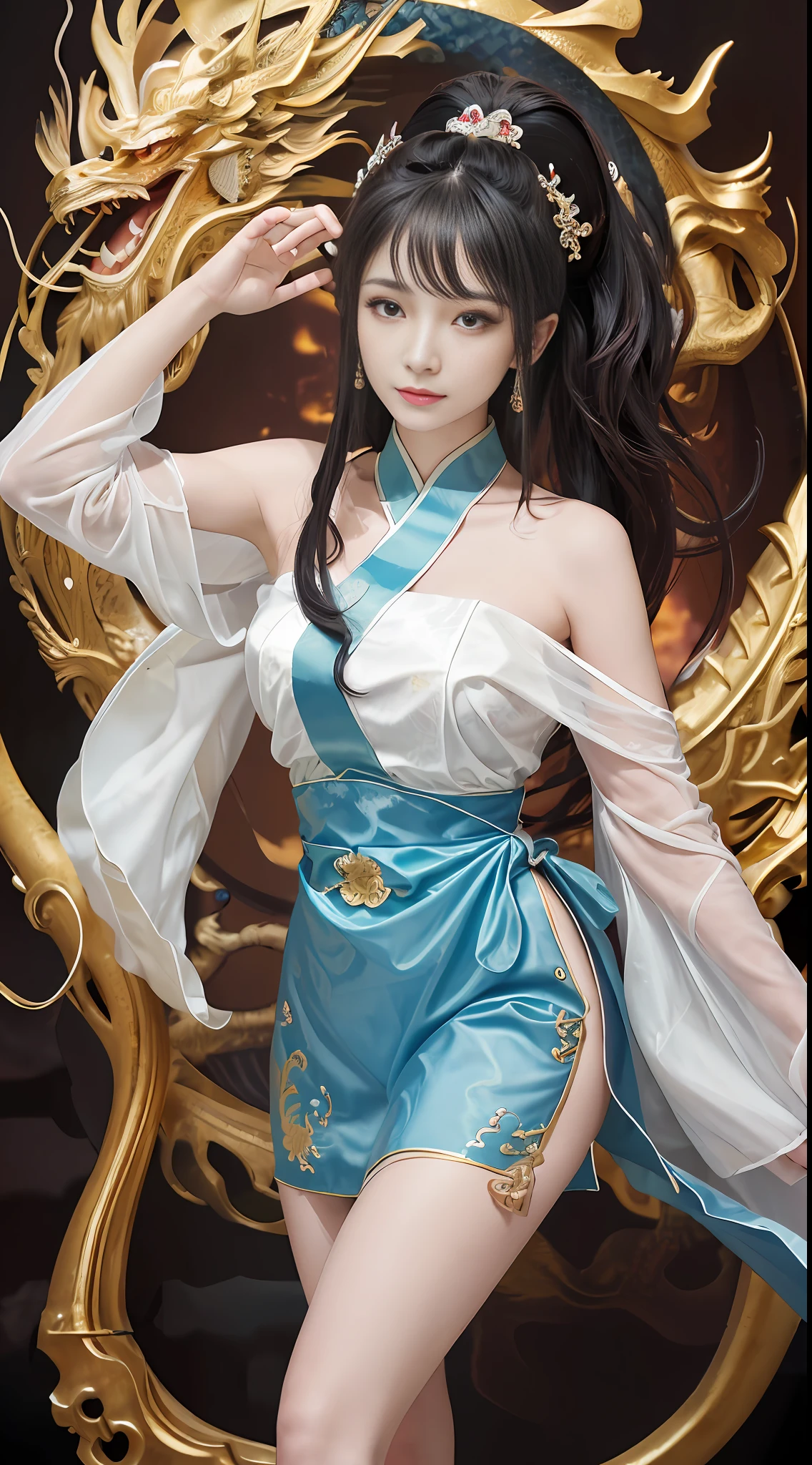 Zhong Fenghua, gorgeous hanfu, official art, Unity 8k wallpaper, super detailed, beautiful beautiful, masterpiece, best quality, (tangled, tangled, tangled), (fractal art: 1.4), (character center: 1.3), exposed thighs, exposed pubic hair, exposed, exposed beautiful pubic hair, 1 girl, shocking domineering Chinese dragon, detailed tap, black hair, long ponytail, Chinese, off-the-shoulder, very detailed, dynamic angle, cowboy shot, (most beautiful form of chaos), ethereal, (bright colors) , OC, (half: 1.2), Chinese, (Thangka Feitian: 1.5), (Ribbon: 1.3), (Dream: 1.5), (Hanfu: 1.5), Chinese Dragon, Chinese Phoenix, (Smile: 0.5), (Chinese God), (Masterpiece, Top Quality, Best Quality, Ultimate Detail, Highest Detail, Official Art, Beauty & Aesthetics: 1.2), Golden Ratio, Full Composition