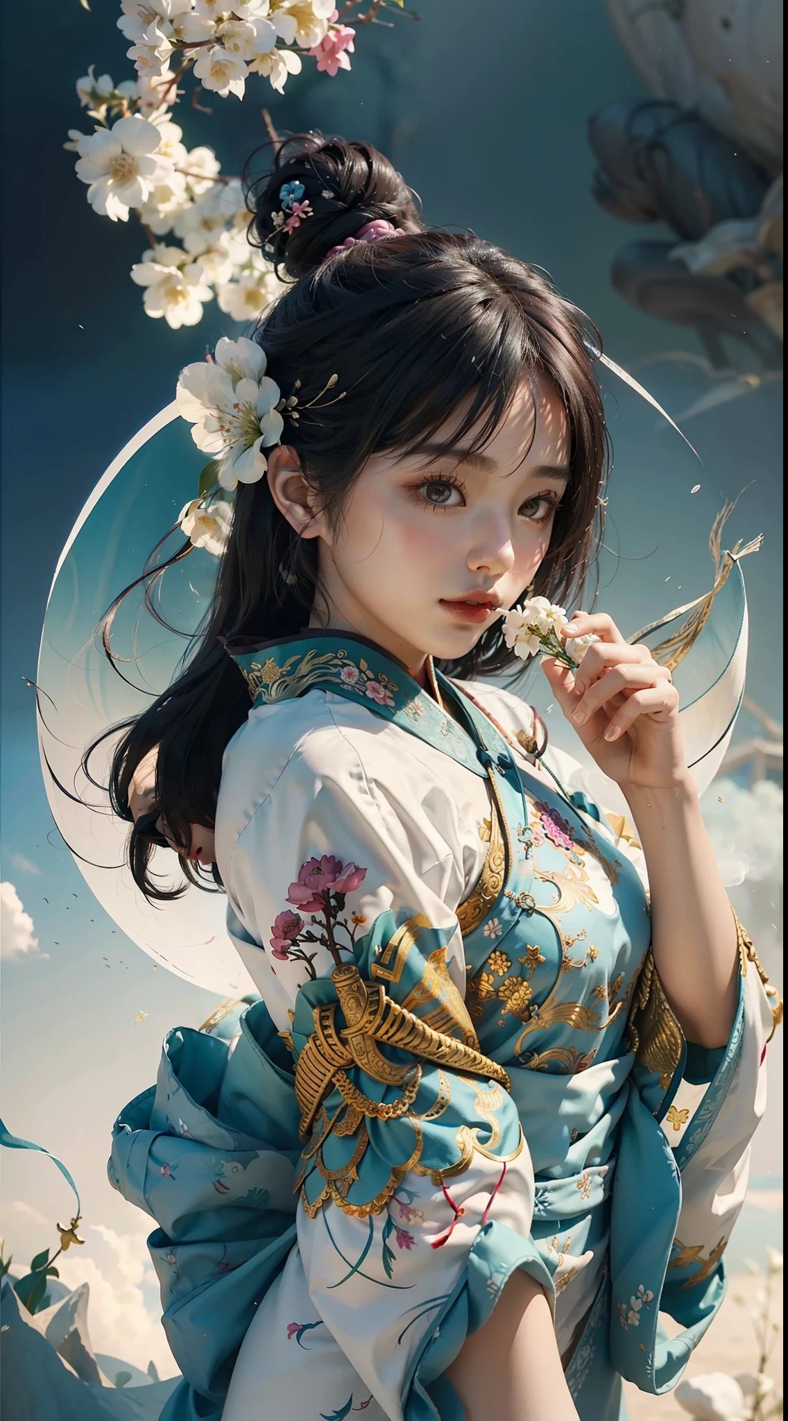 zhongfenghua, 1girl, (full body) solo, hanfu, flower field, blossom, (white smokes:1.3) (photorealistic:1.4), zentangle, mandala, entangle, official art, unity 8k wallpaper, ultra detailed, beautiful and aesthetic, masterpiece,best quality, (dynamic angle:1.4), glowing skin, (floating colorful sparkles:1) the most beautiful form of chaos, elegant, a brutalist designed, vivid colours, romanticism depth of field,