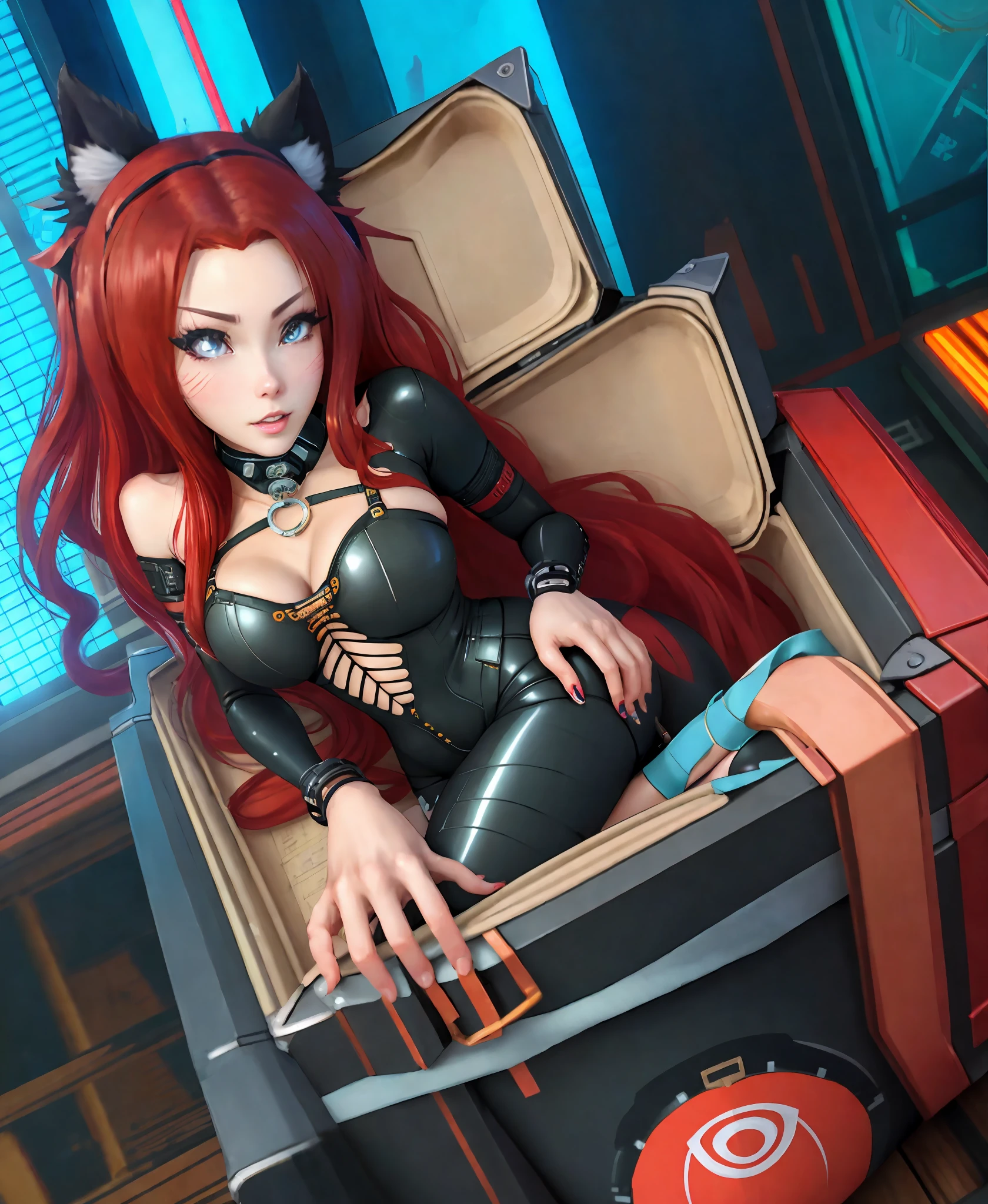 y woman in cat suit posing in a room with a suitcase, seductive anime girl, oppai cyberpunk, biomechanical oppai, japanese goddess, beautiful alluring anime woman, rin tohsaka, gorgeous maid, anime highly detailed, hyperrealistic schoolgirl, extremely detailed artgerm, brevered and sfw, sfw huge breasts, plistic anime girl render