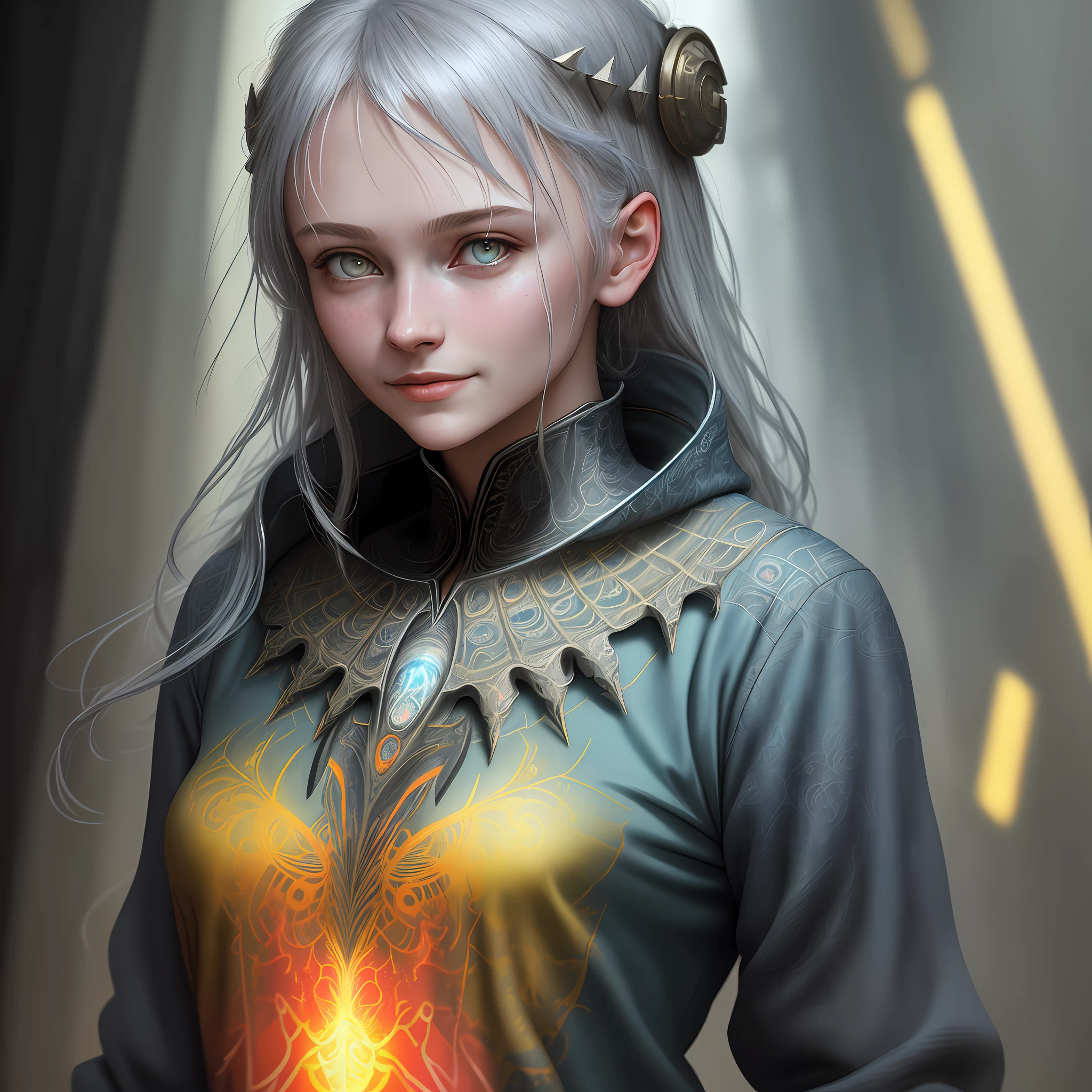 Teenage girl 15 years old, in light blue dress, gray hair, pink strands, yellow eyes, plump lips, smiling, wrinkles nose from Carne Griffiths, fiction, intricate masterpiece of art, fantastic, matte painting poster for the film, golden ratio, trend on CGsociety, intricate, epic, trend on Artstation, Artgerm, H. R. Giger and Beksinski, highly detailed, ultra-high quality model, (dark shot: 1.17), epic realistic, Faded, ((neutral colors)), art, (HDR: 1.5), (muted colors: 1.2), hyper-detailed, (artstation: 1.5), cinematic, warm light, dramatic light