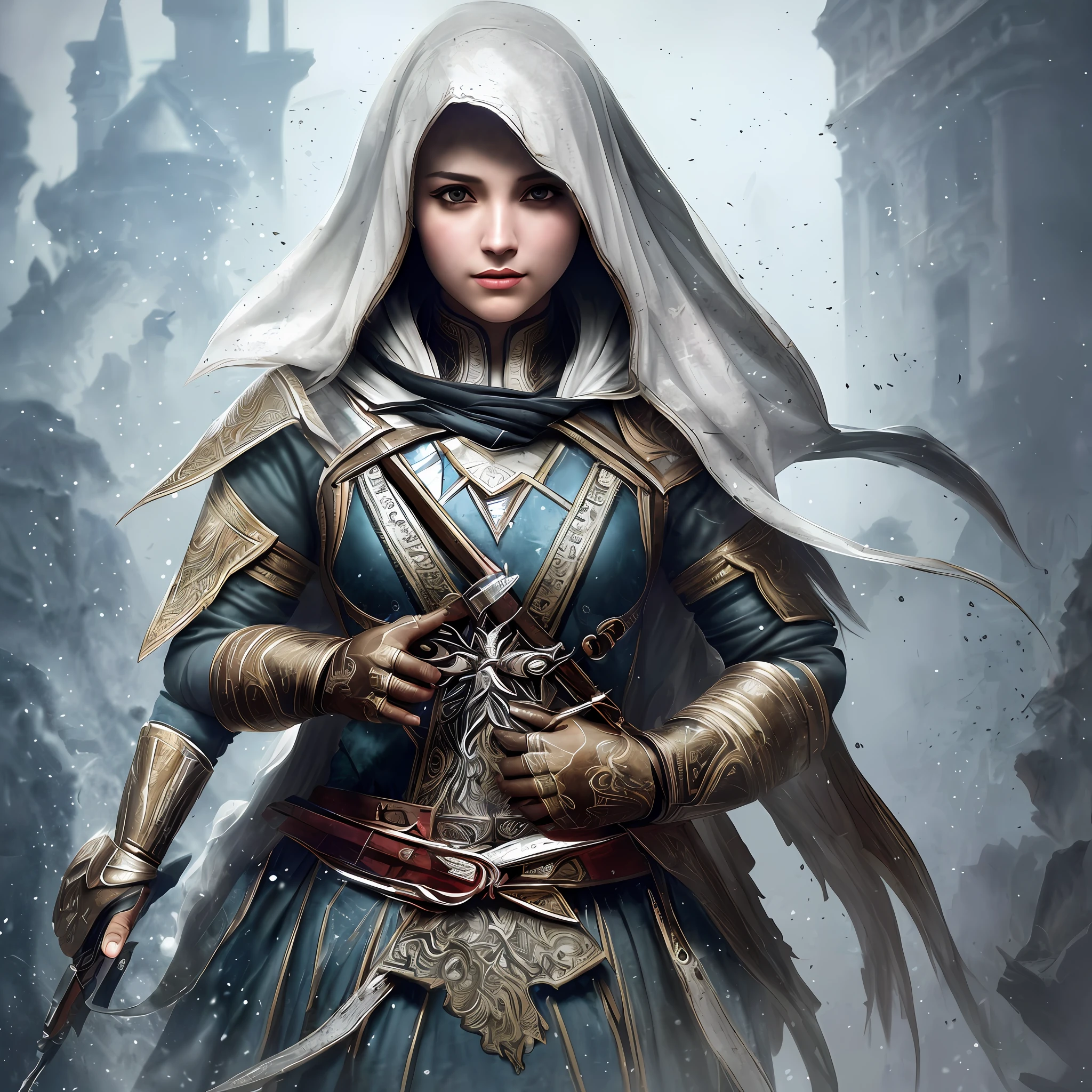 medium full shot female Altair from Assassin's Creed, detailed symmetric beautiful hazel eyes, detailed gorgeous face, dynamic pose, in the style of artists like Russ Mills, Darek Zabrocki, Ivan laliashvili, Jean-Baptiste Monge. Ink Dropped in water, splatter drippings, paper texture, pulp Manga, and perfect shading, with dramatic lighting. The artwork should be centered, stylized, and elaborate. TanvirTamim. rendered in 8K resolution for high-quality detail, artstation, concept art, smooth, sharp focus, illustration, highly detailed, soft natural volumetric cinematic perfect light, intricate artwork masterpiece