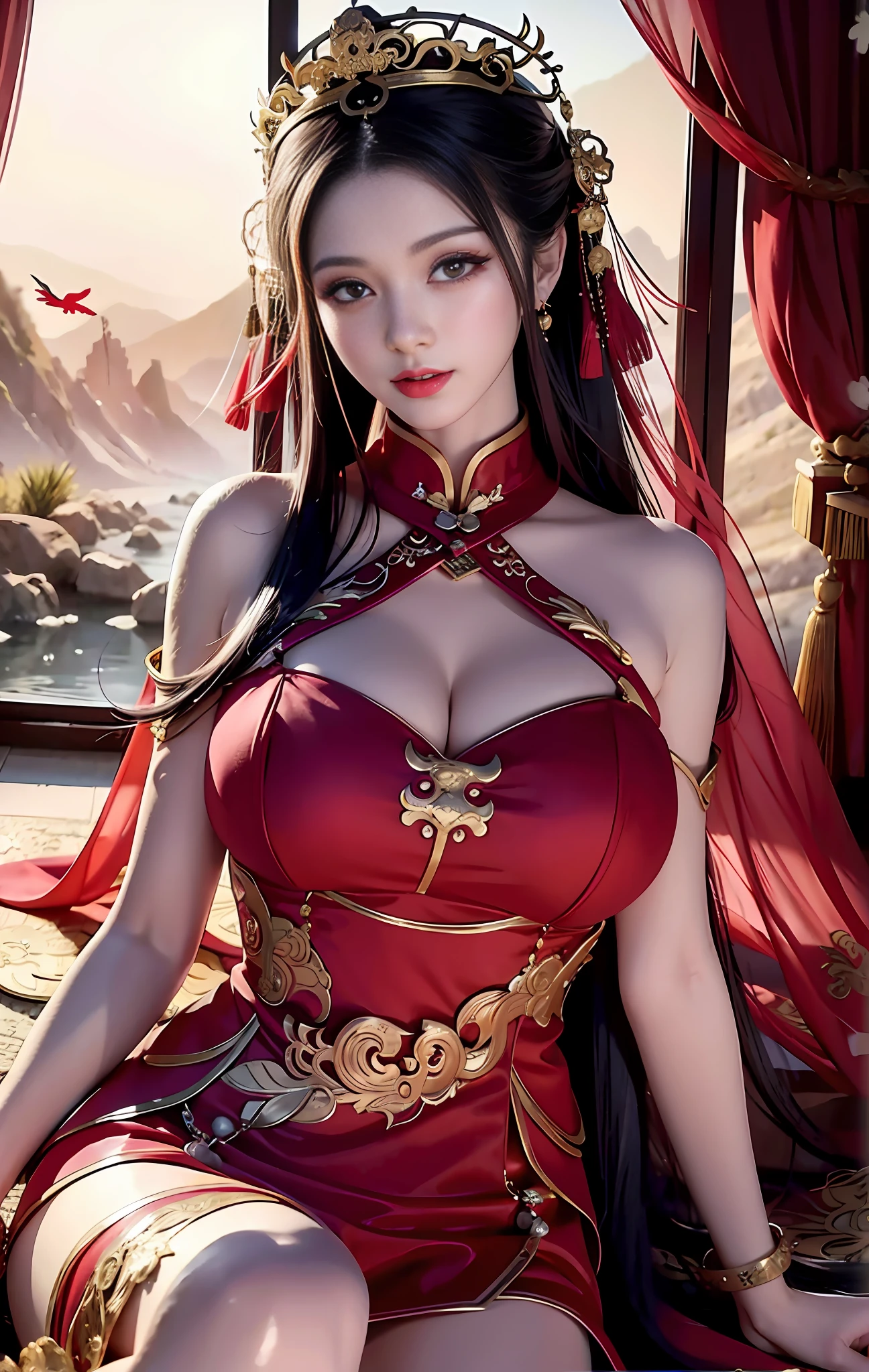 araffe asian woman in a red dress sitting on a bed, elegant glamourous cosplay, a beautiful fantasy empress, gorgeous chinese model, japanese goddess, chinese princess, full body xianxia, wearing a red cheongsam, with acient chinese clothes, beautiful alluring anime woman, beautiful goddess, palace , a girl in hanfu, ornate cosplay, chinese dress