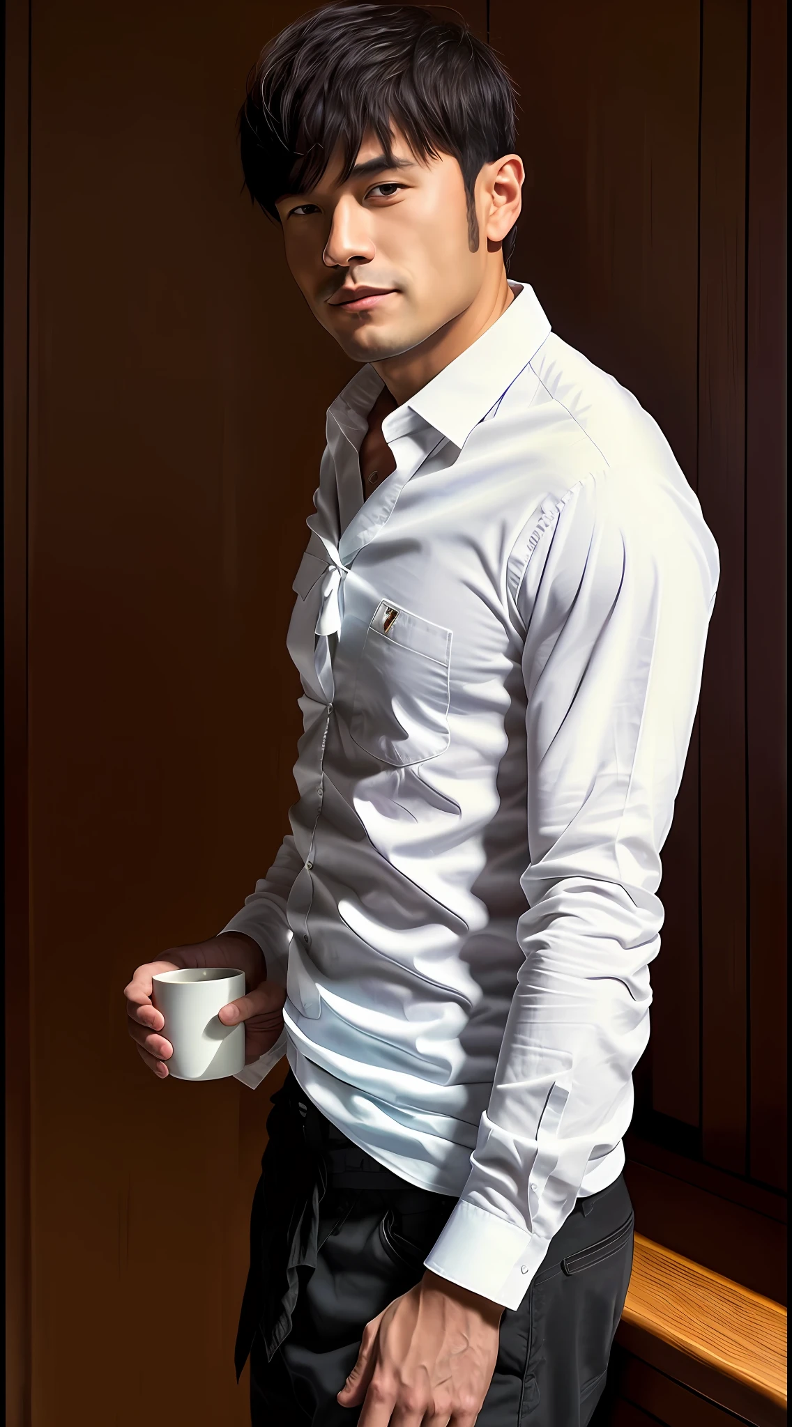 1man, a 30-year-old muscular man wearing a long-sleeved white shirt and tie, drinking coffee, soft lighting, masterpiece, best quality, smile, 8k ultra HD, DSLR camera, film grain, Midjourney and greg rutkowski's Fujifilm XT3 realistic painting art