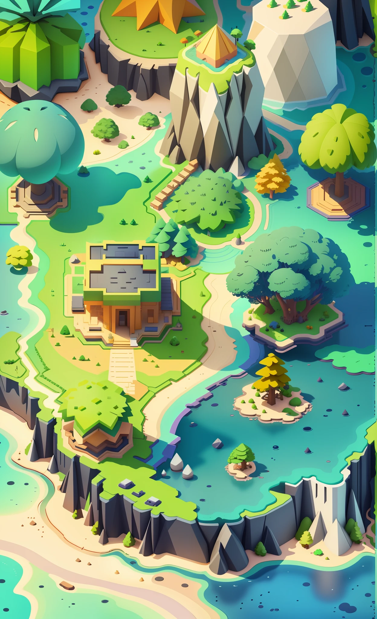 game map,( game concept art design:1.1), isometric art, (cartoon hand drawn style:1.2), simple geometry,(colorful:0.6),detail,flat game art,3d,low mesh, overlooking,viewed from above,plat,(bush,:1.2),(night:1.3),(interiors:1.3),surrounding walls, stone pillars, flat land in the middle, tropical rainforest, coconut trees, shrubs, grass,game engine rendering, super high quality rendering, crisp lines, geometry,masterpiece,best quality,official art,C4D,extremely detailed CGunity 8K wallpaper, highly detailed, illustration,unreal engine,artstation,unreal 5, daz, hyperrealistic, octane render, high-quality shadows,