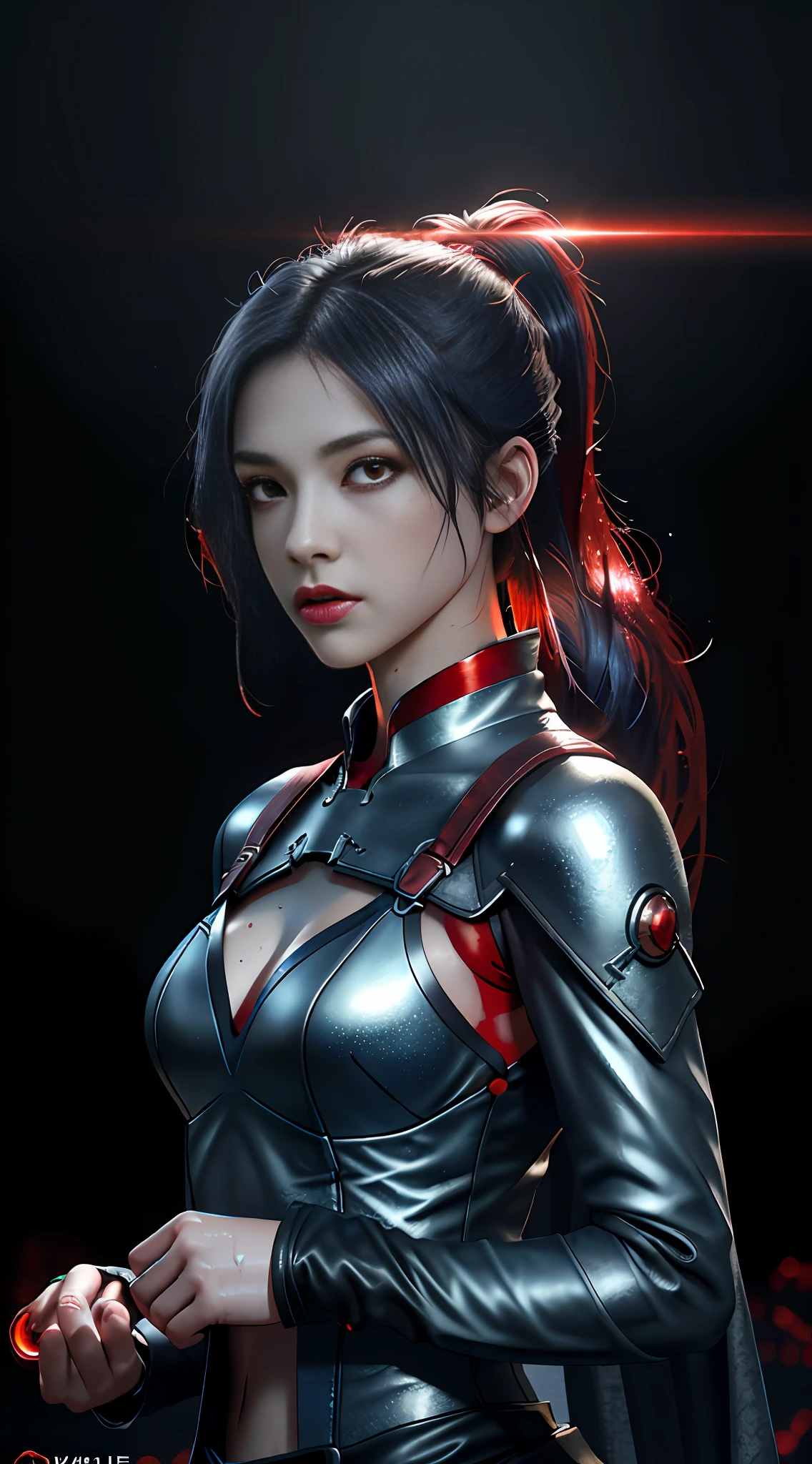 Large breasts, Warrior girl with a fantastic small dagger on hand, Skimpy leather clothes ,dark blue hair with red highlights, (perfect nose), Seductive gaze, (Best Illustration), 8k Resolution, Intricate Details, Best Quality, Realistic, Ultra Detailed, Best Lighting, Best Shadows, Ultra HD, A Necromancer style, Night, Magic, Dark Style, Vampire, (shining red eyes:1.6), masterpiece, high_res, Beautiful face, tyndall effect, photo realistic, (high detailed skin:1.2), 8k uhd, dslr, high quality, Photograph, high resolution, 4k, 8k, Bokeh, absurdres, ponytail contorted, best ratio four finger and one thumb, front view, dark blue hair gorgeous, perfect proportional skinny fitness body, full body view, wet skin, wet clothes, dark cathedral baground scenery, huge bobs