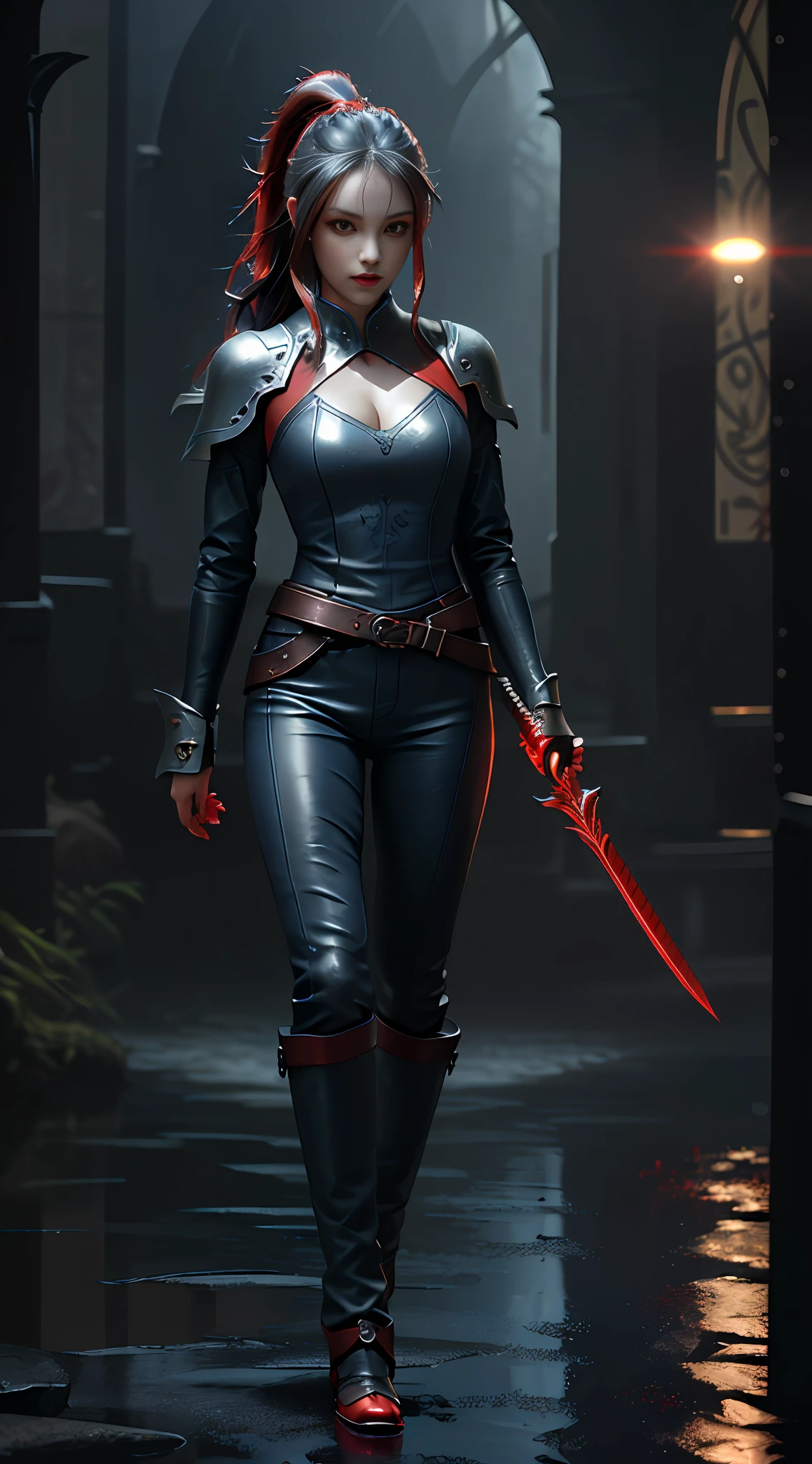 Large breasts, Warrior girl with a fantastic small dagger on hand,  Skimpy leather clothes ,dark blue hair with red highlights, (perfect nose), Seductive gaze, (Best Illustration), 8k Resolution, Intricate Details, Best Quality, Realistic, Ultra Detailed, Best Lighting, Best Shadows, Ultra HD, A Necromancer style, Night, Magic, Dark Style, Vampire, (shining red eyes:1.6), masterpiece, high_res, Beautiful face, tyndall effect, photo realistic, (high detailed skin:1.2), 8k uhd, dslr, high quality, Photograph, high resolution, 4k, 8k, Bokeh, absurdres, ponytail contorted, best ratio four finger and one thumb, front view, dark blue hair gorgeous, perfect proportional skinny fitness body, full body view, wet skin, wet clothes, dark cathedral baground scenery, huge bobs