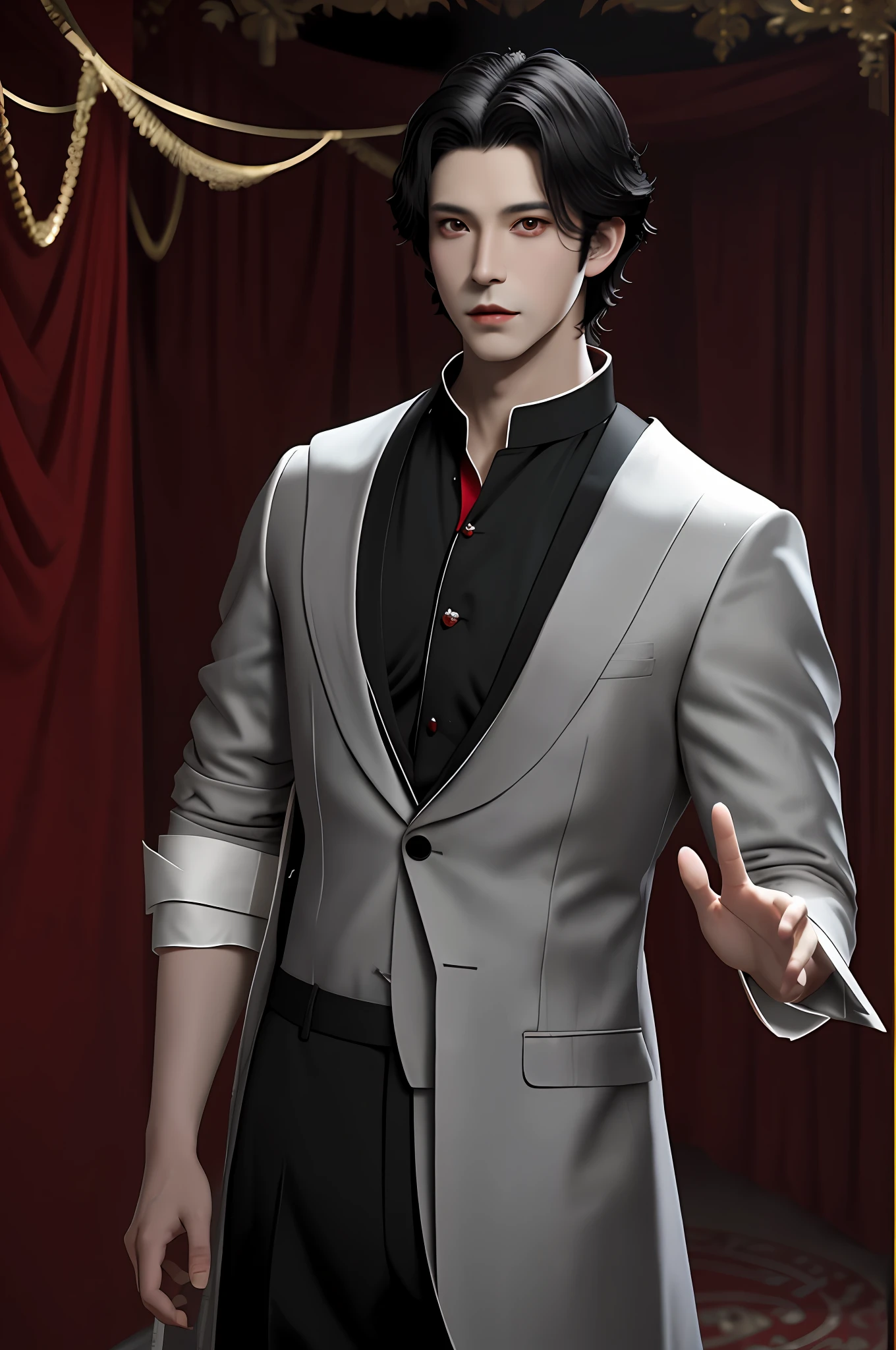 pretty man pale, black short hair, red eyes, confident expression, masterpiece, prince clothes, fancy hall background, 8k super detailed