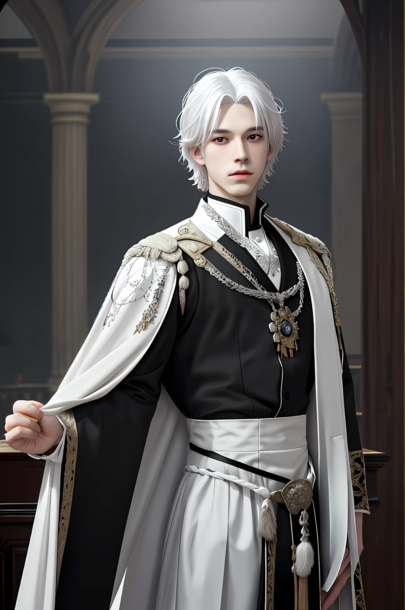 young man pale, white hair, black eyes, masterpiece, prince clothes, fancy hall background, 8k super detailed