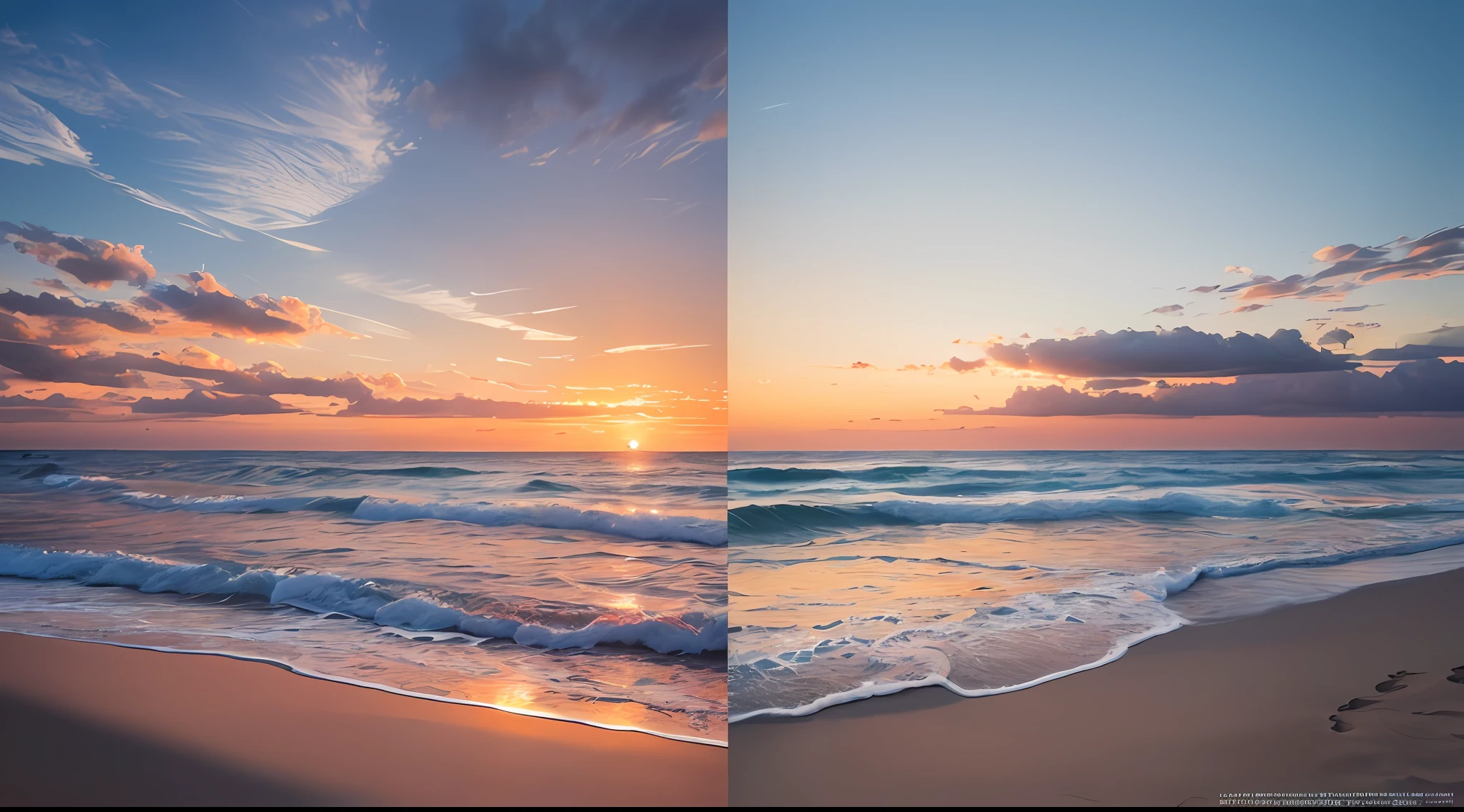 "Please generate a photo-realistic image that captures the beauty of a sunset on the horizon, as viewed from a beach. The goal is to create a picture that looks indistinguishable from a real photograph. Here are the detailed specifications:
Horizon and Sunset: The image should prominently feature a horizontal line representing the horizon, where the sky meets the ocean or beach. The sunset should be the focal point, with vibrant and warm colors that reflect the beauty of a setting sun. The hues of orange, red, and pink should blend seamlessly, creating a stunning and natural sunset gradient.
Beach View: The scene should be from the perspective of someone standing on the beach, looking out towards the ocean. The viewer should feel immersed in the environment, with the sand or pebbles visible in the foreground. Capture the sense of tranquility and relaxation associated with a beach setting.
Realism and Authenticity: Pay attention to the smallest details to make the image appear as realistic as possible. Consider the ripples on the water's surface, the subtle reflections of the sunset on the wet sand, and the way the waves gently break on the shore. These details contribute to the overall authenticity of the image.
Clouds and Sky: The sky should be a clear, deep blue, providing a vivid backdrop for the sunset. Include fluffy, white clouds scattered across the sky, adding depth and texture to the scene. The contrast between the colorful sunset and the blue sky, punctuated by the white clouds, will create a visually striking composition.
Composition: Aim for a visually pleasing composition that captures the beauty and serenity of the scene. Consider using the rule of thirds or leading lines to create balance and draw the viewer's eye towards the sunset. Experiment with different angles to find the most captivating perspective.
Please use the power of AI image generation to bring this prompt to life, creating a breathtaking photo-realistic image that embodies the me