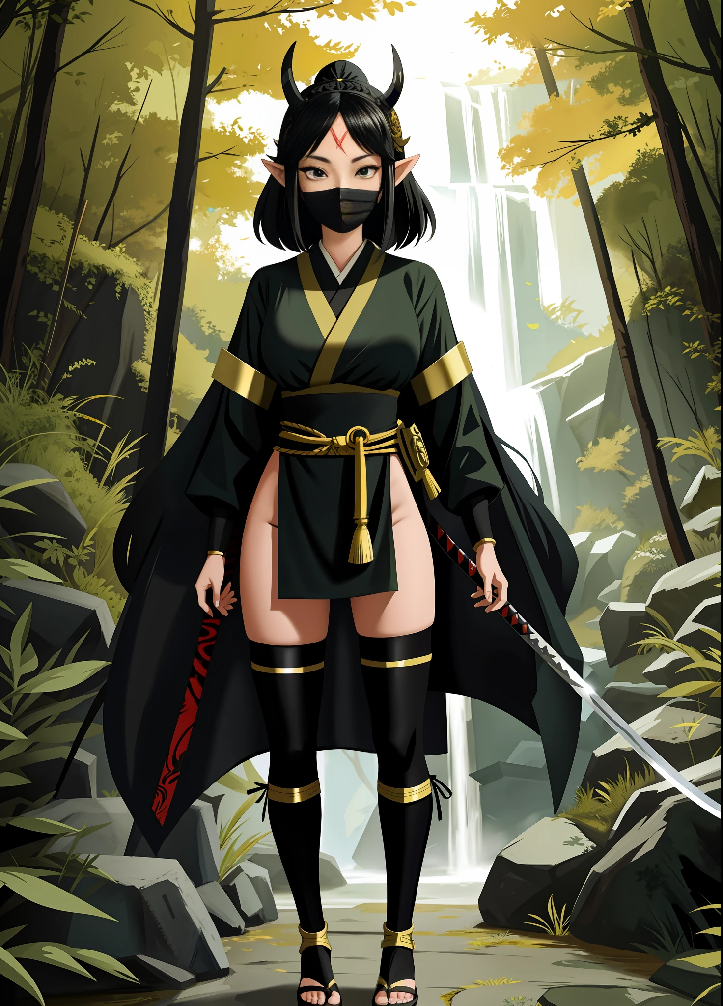 full body, Standing, Princess Zelda as Shinobi, costume all black with gold stripes, she has large breasts, (short black hair), ((wearing Oni mask on her face)), cut scar over right eye, (green eyes), a katana attached to her waist, blood all over her clothes, she is in an ancient ninja Temple full of swords stuck in the ground, Anime, masterpiece, 16k, award winning, best quality, high details, UHD, masterpiece, anatomically correct