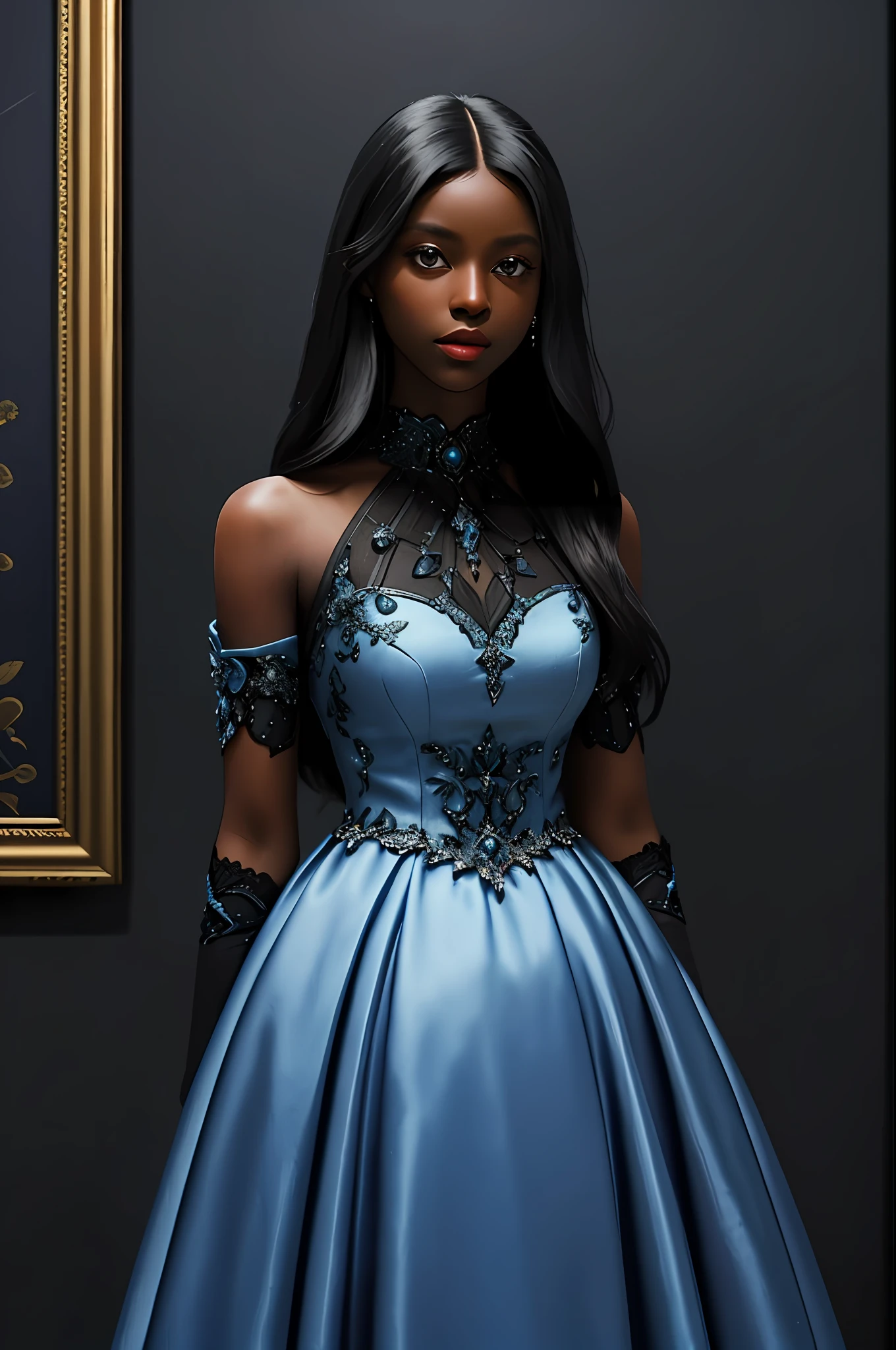 dark skinned woman, blue eyes, black long straight hair, using ball dress, upper body, masterpiece, fancy hall at background