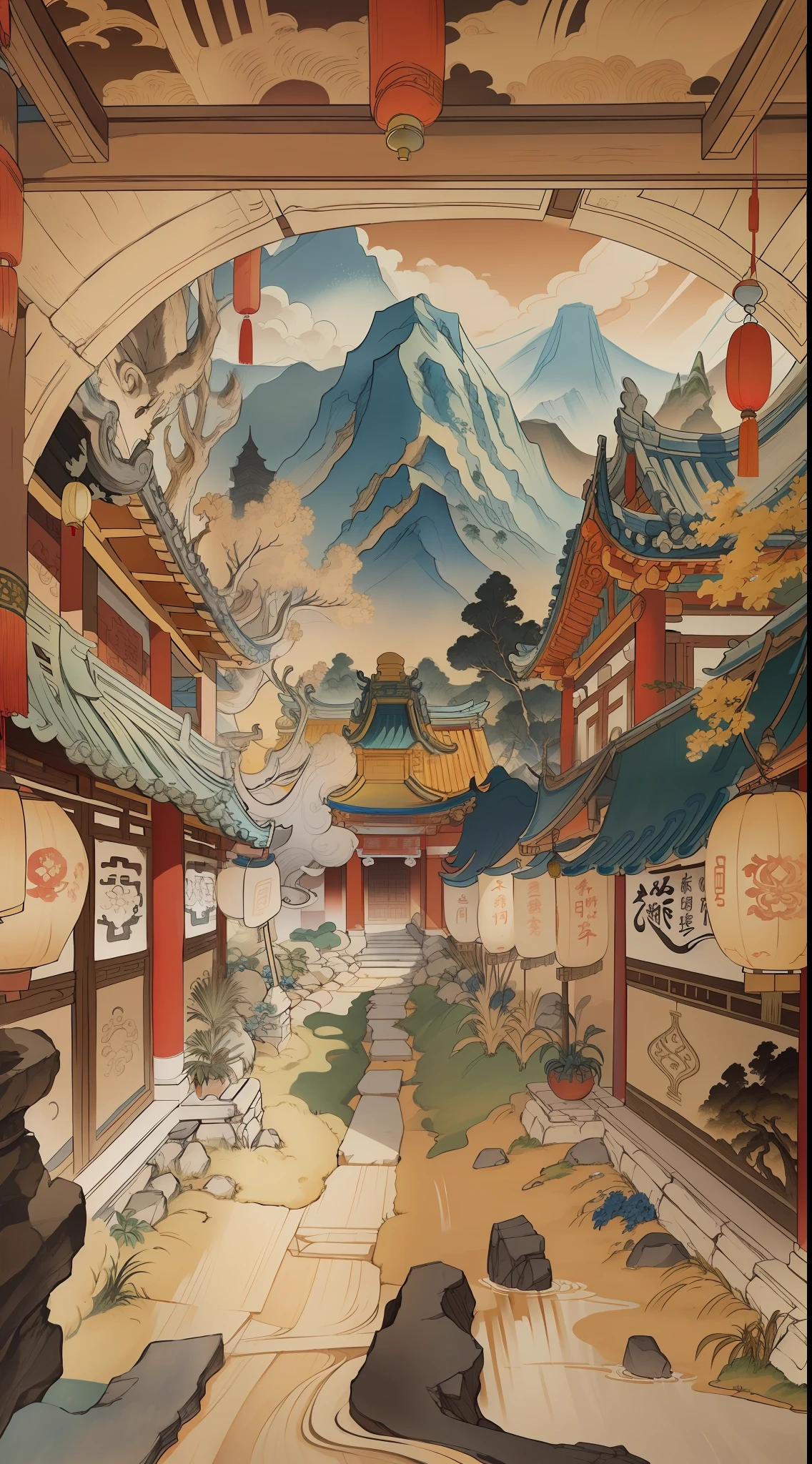 Ancient Chinese landscapes, ancient buildings, pavilions, carved beams and painted buildings, beautiful mountains and rivers, inspired by Jin Yong martial arts, sunlight, ink painting style, clean colors, decisive cutting, blank space, freehand, masterpiece, super detailed, epic composition, high quality , highest quality, pixar style, oversaturated, surreal, artgerm --v 6
