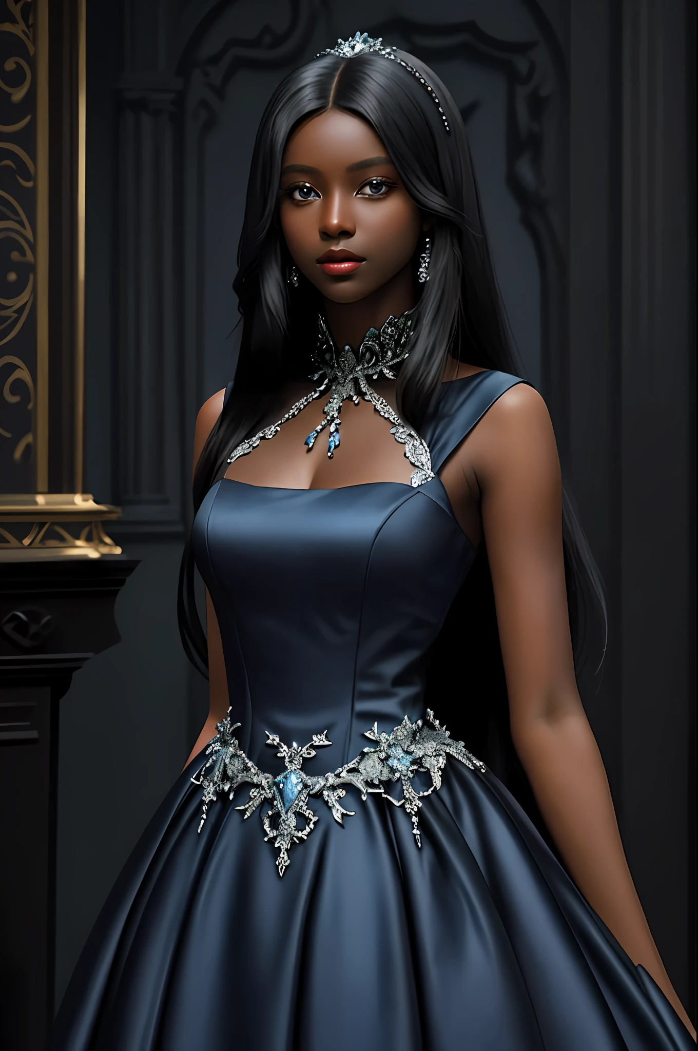 dark skinned woman, blue eyes, black long straight hair, using ball dress, upper body, masterpiece, fancy hall at background