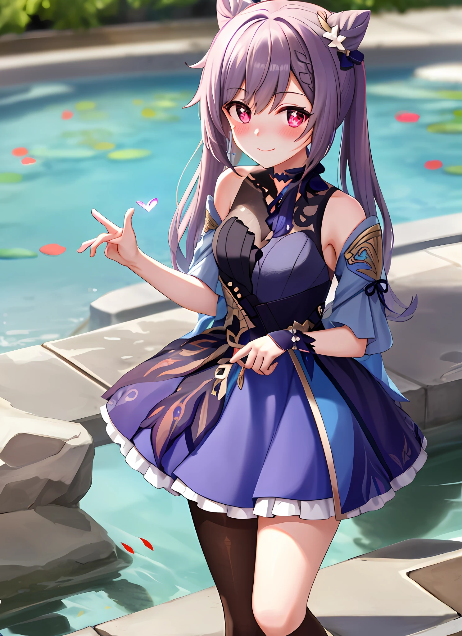 Looking at the audience, (blushing: 1.2), smiling, ((heart-shaped pupils)), in the pond, wet