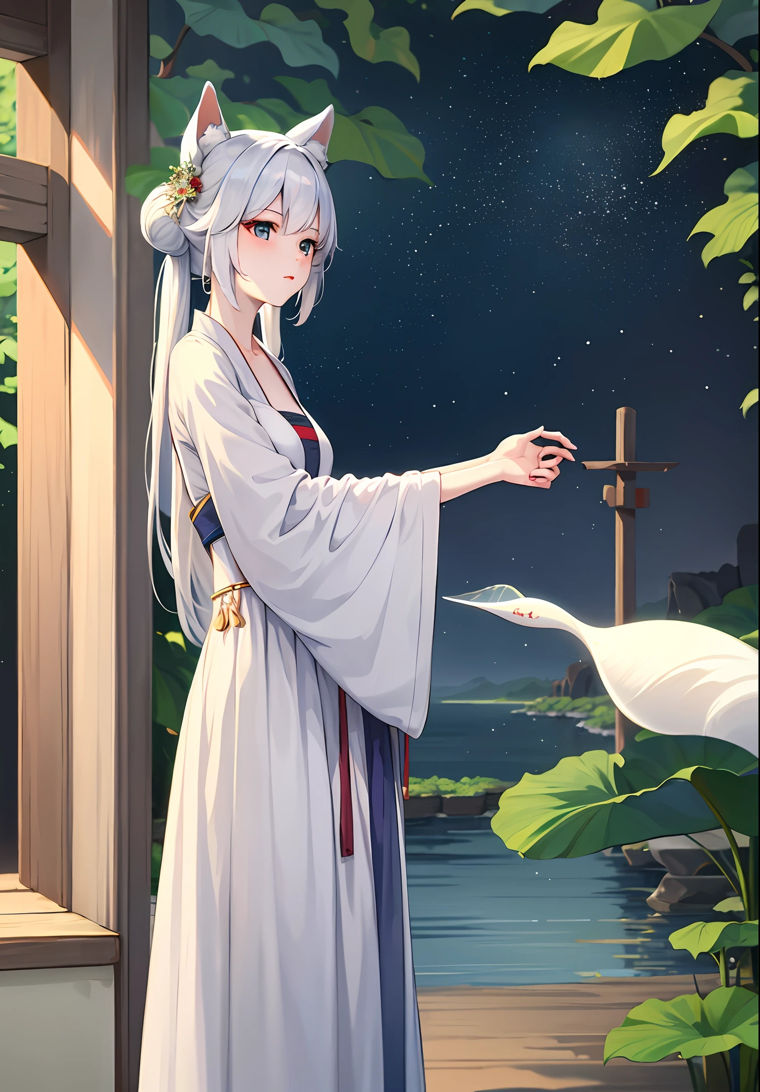 ((4K, Masterpiece, Best Quality)), shuimobysim, lotus, hanfu, maxiskit, dressed conservative 1 girl, solo, white hair, long hair, fox ears, white, bikini, fish, many fish close to the girl, looking at the audience, teasing