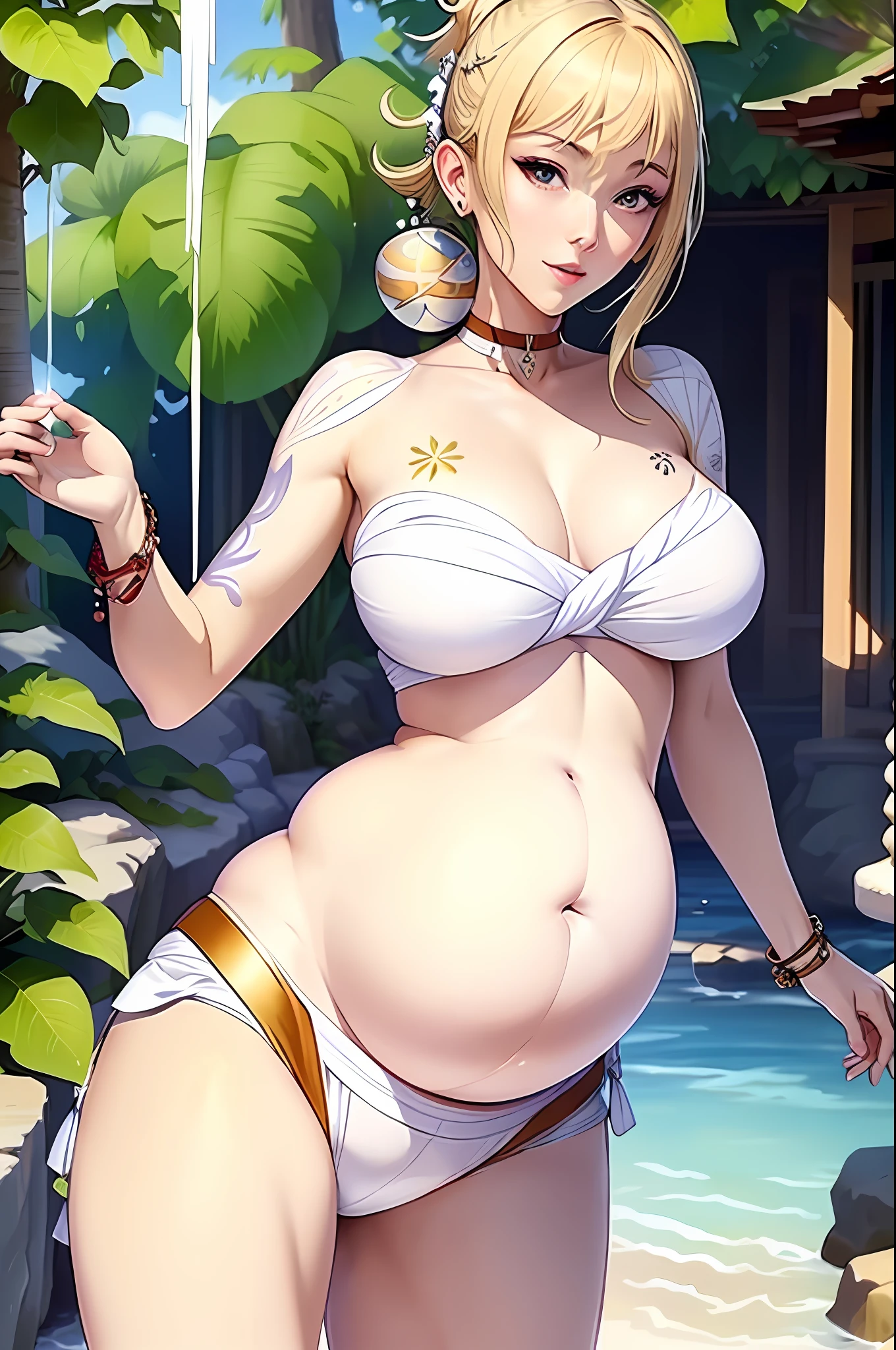 Masterpiece, best quality, highlight, 1 girl, blonde, body leaning forward, (white chest patch: 1.3), (white thighs: 1.3), (white tong: 1.3) pregnant woman, big belly, open belly, navel, open belly