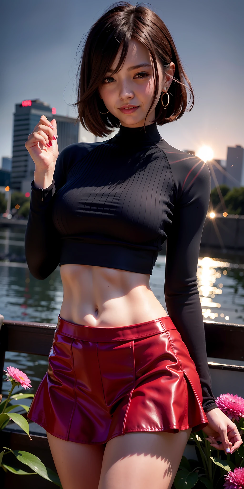 there is a woman in a short skirt posing for a picture, wearing a sexy cropped top, tight outfit, wearing tight simple clothes, wearing black tight clothing, wearing a cropped top, sexy outfit, wearing a cropped tops, beautiful midriff, anime girl in real life, wearing a crop top, wearing crop top, backlight body, hot with shining sun'(smile lip)happy happy '(face light )with pink bracia