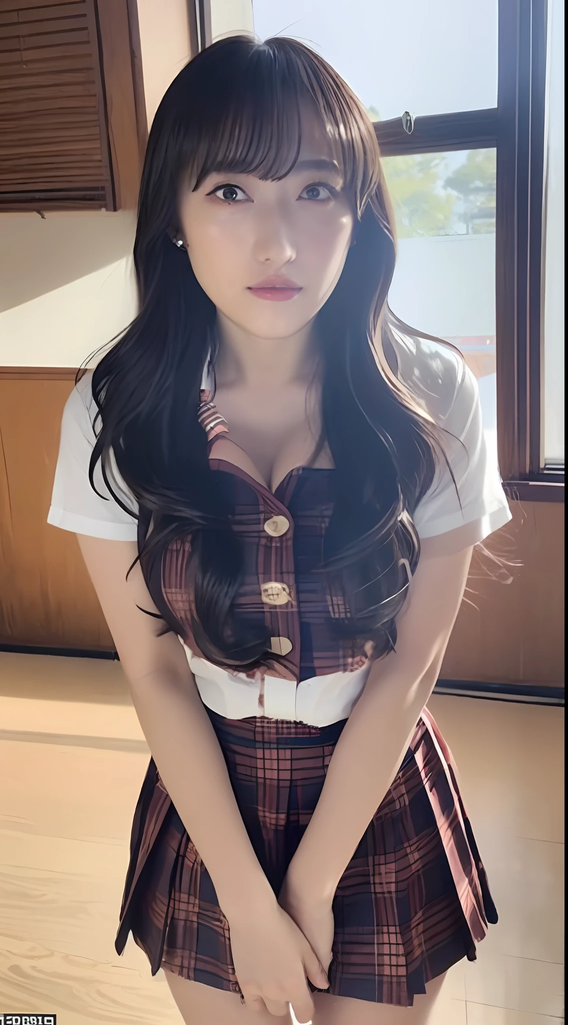 ((Best Quality, 8k, Masterpiece: 1.3)), Highly detailed face and skin texture, Delicate eyes, Double eyelids, Whitened skin, (kubota miyu:1.4),(miyutan:1.4), (iris_k_miyu:1.4),1girl, ultra high resolution, (photorealistic:1.4), masterpiece, best quality, official art, (8k, RAW photo:1.2), NSFW, Cinematic Lighting (Single:1.1),(Big:1.2), (Eyelashes:1.1), (Depth of Field:1.1), Lens flare, (chromatic aberration:1.1), jav, gravure idol, angry expression, perfect_body, messy_hair, bare_thighs, gyaru, gal, empty classroom, schoolgirl, gyaru uniform, cleavage, accessories, earrings, short skirt