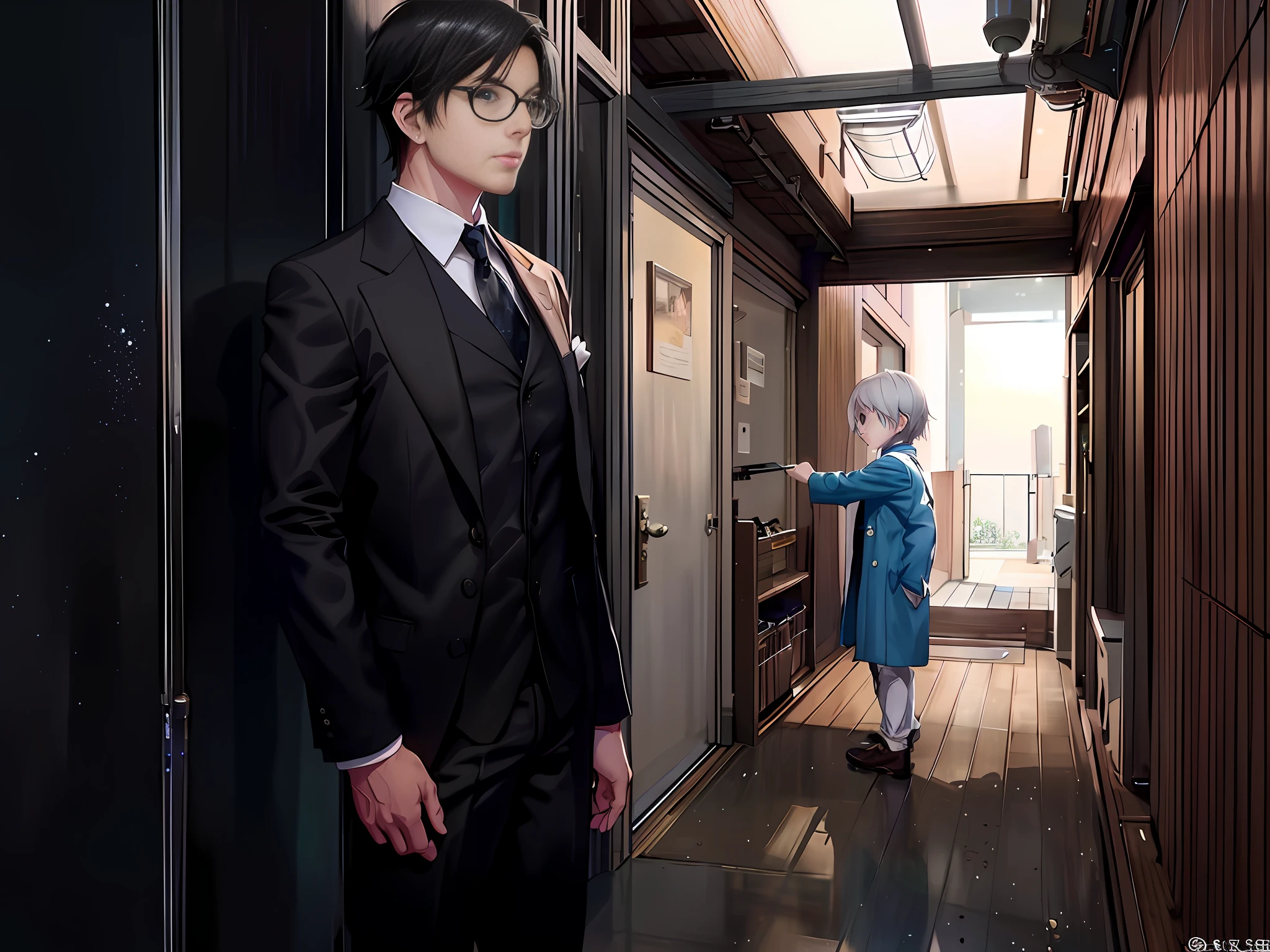 there is a man and a little girl standing in a hallway, style of hajime isayama, range murata and artgerm, hajime isayama, masayoshi suto and artgerm, today's featured anime still, sakimichan and frank franzzeta, makoto shinkai and tom bagshaw, style of madhouse anime