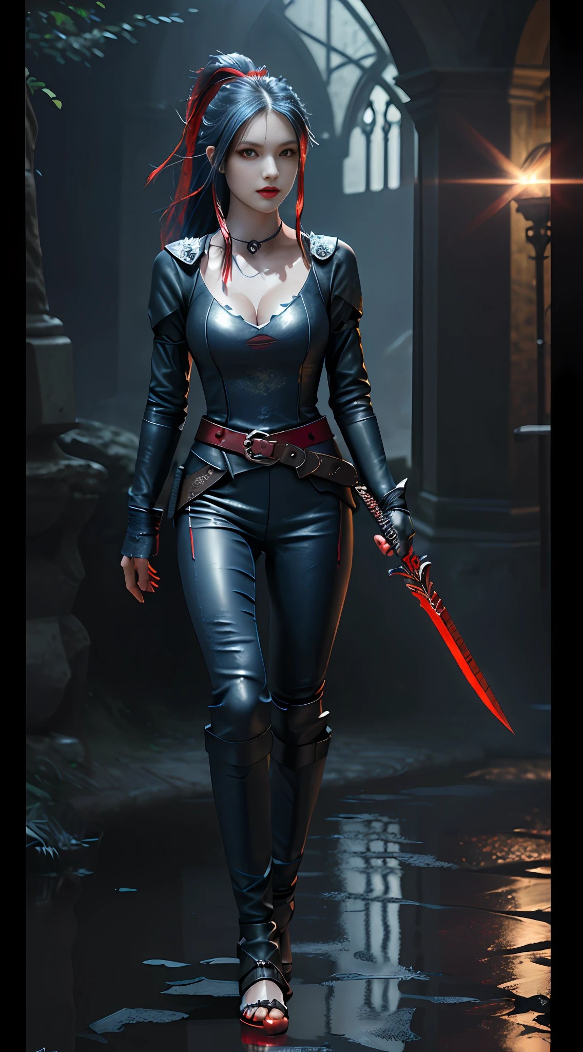 Perfect waist cut, Large breasts, Warrior girl with a fantastic small dagger on hand, Skimpy leather clothes ,dark blue hair with red highlights, (perfect nose), Seductive gaze, (Best Illustration), 8k Resolution, Intricate Details, Best Quality, Realistic, Ultra Detailed, Best Lighting, Best Shadows, Ultra HD, A Necromancer style, Night, Magic, Dark Style, Vampire, (shining red eyes:1.6), masterpiece, high_res, Beautiful face, tyndall effect, photo realistic, (high detailed skin:1.2), 8k uhd, dslr, high quality, Photograph, high resolution, 4k, 8k, Bokeh, absurdres, ponytail contorted, best ratio four finger and one thumb, front view, dark blue hair gorgeous, perfect proportional skinny fitness body, full body view, wet skin, wet clothes, dark cathedral baground scenery, huge bobs