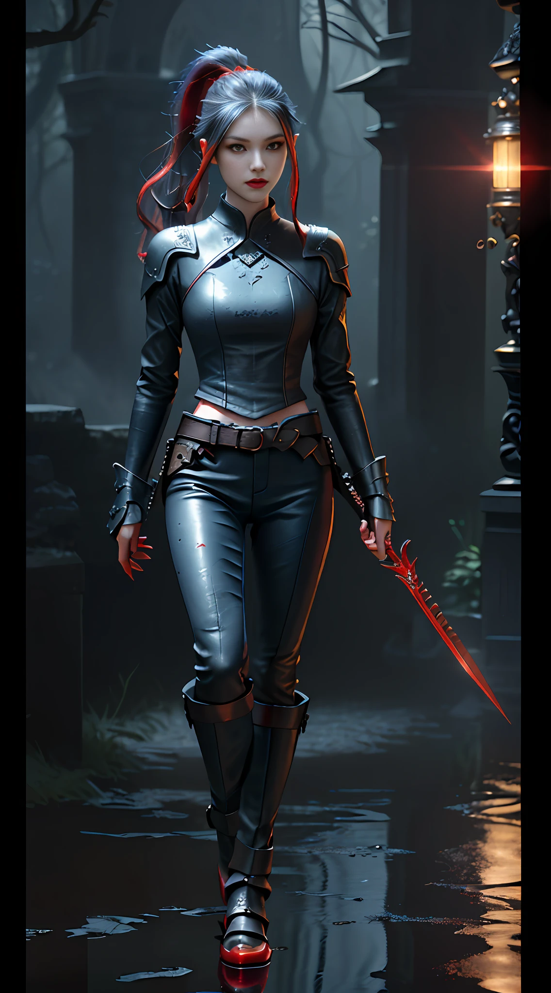 Perfect waist cut, Large breasts, Warrior girl with a fantastic small dagger on hand,  Skimpy leather clothes ,dark blue hair with red highlights, (perfect nose), Seductive gaze, (Best Illustration), 8k Resolution, Intricate Details, Best Quality, Realistic, Ultra Detailed, Best Lighting, Best Shadows, Ultra HD, A Necromancer style, Night, Magic, Dark Style, Vampire, (shining red eyes:1.6), masterpiece, high_res, Beautiful face, tyndall effect, photo realistic, (high detailed skin:1.2), 8k uhd, dslr, high quality, Photograph, high resolution, 4k, 8k, Bokeh, absurdres, ponytail contorted, best ratio four finger and one thumb, front view, dark blue hair gorgeous, perfect proportional skinny fitness body, full body view, wet skin, wet clothes, dark cathedral baground scenery, huge bobs