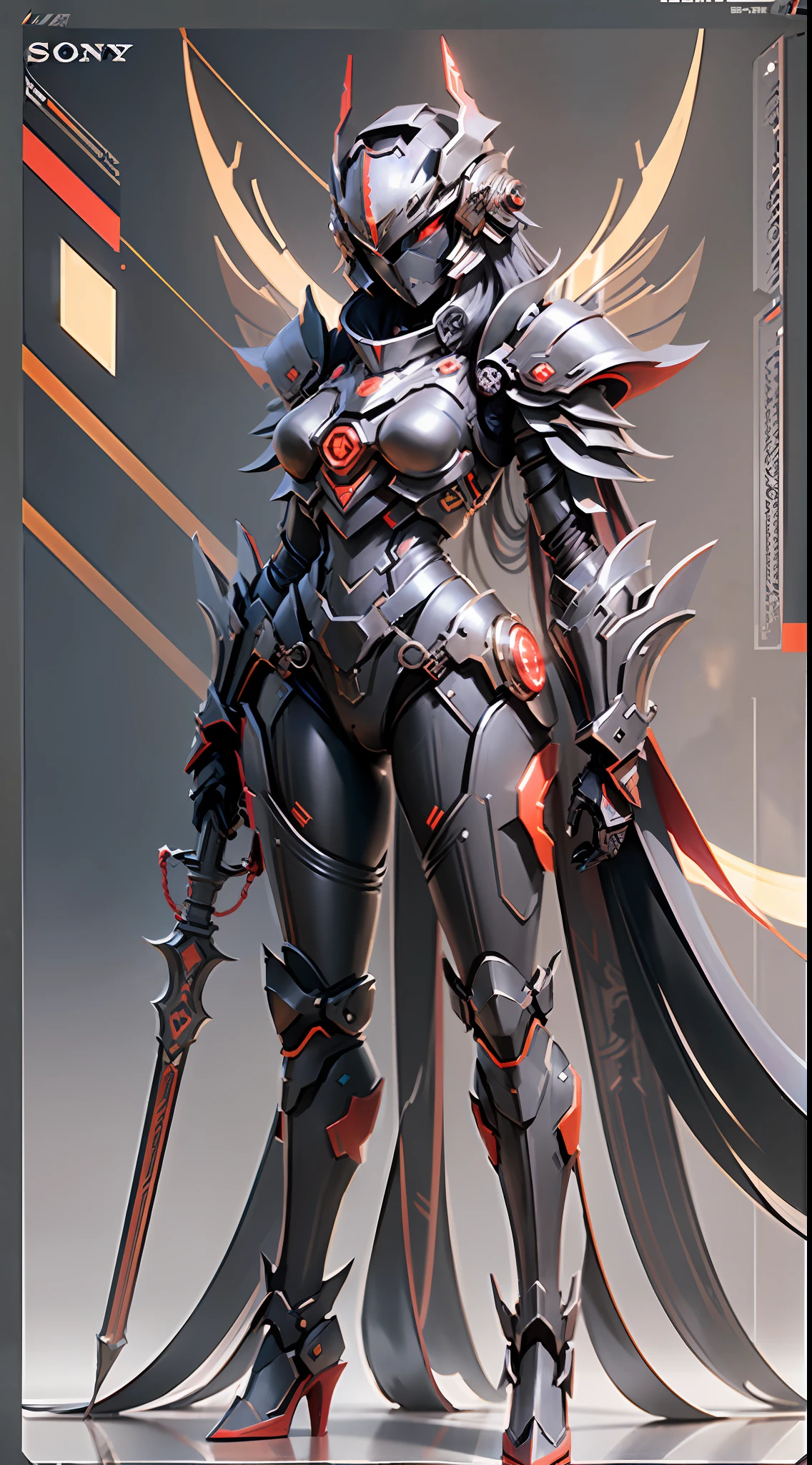 Tall young Asian woman with perfect body proportions, melon face, wearing a black-black and red cruel Valkyrie mecha suit, mechanical Chinese dragon in background, carrying a glowing mechanical knight long sword on his back, tattered red knight long cloak unfolded, gun action, V-shaped helmet covering face, long white messy hair, red glowing eyes, surrealism, cubist futurism, chiaroscuro, cinematic lighting, ray tracing, character chart, panorama, f/1.8, sony FE, 8k, ultra hd, best quality, high resolution, Textured skin