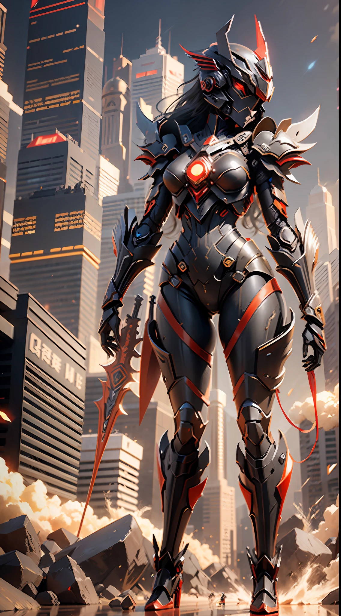 Tall young Asian woman with perfect body proportions, melon face, wearing a black-black and red cruel Valkyrie mecha suit, mechanical Chinese dragon in background, carrying a glowing mechanical knight long sword on his back, tattered red knight long cloak unfolded, gun action, V-shaped helmet covering face, long white messy hair, red glowing eyes, surrealism, cubist futurism, chiaroscuro, cinematic lighting, ray tracing, character chart, panorama, f/1.8, sony FE, 8k, ultra hd, best quality, high resolution, Textured skin