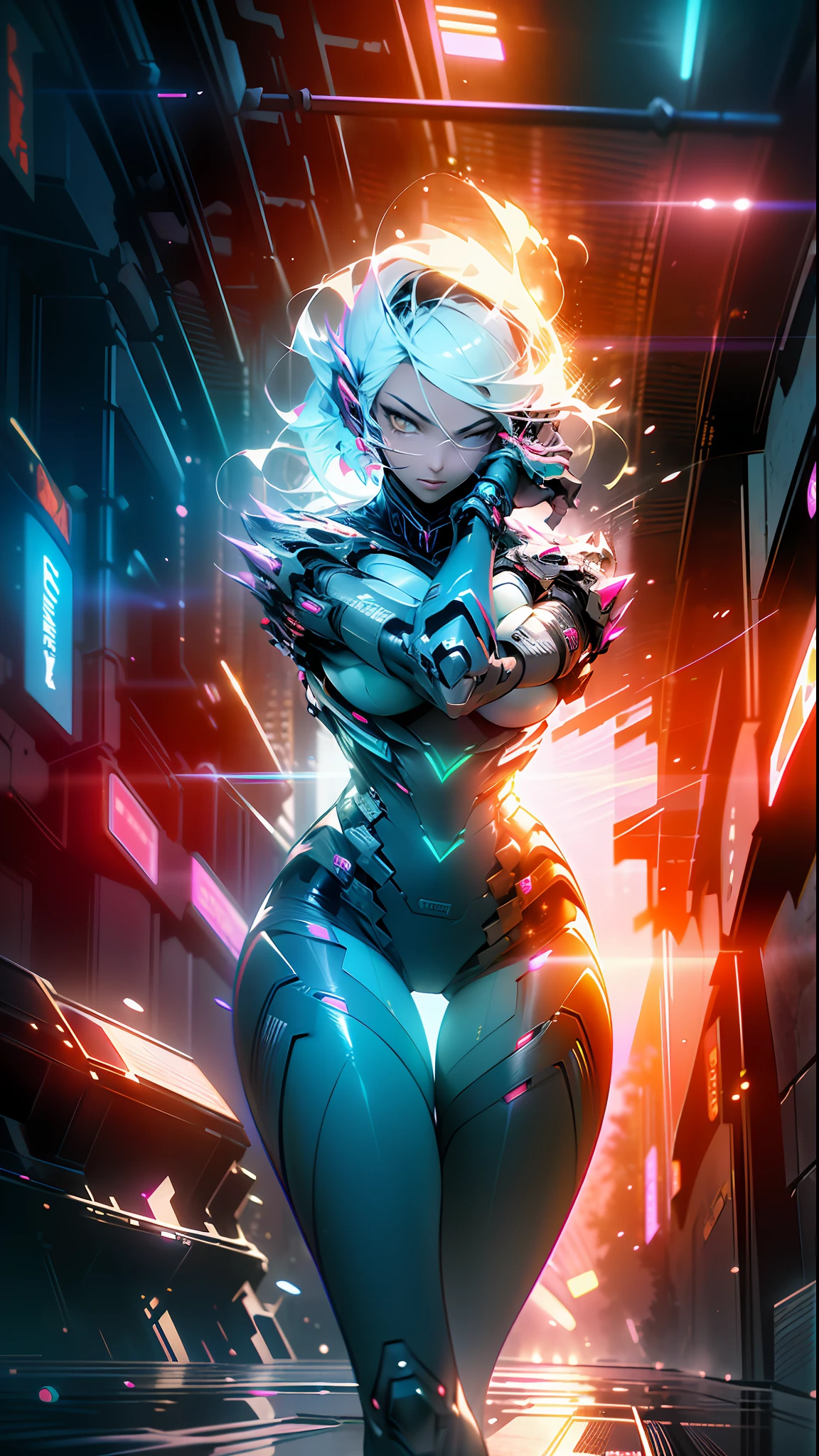 ((Best Quality)), ((Masterpiece)), (Detailed: 1.4), 3D, An Image of a Beautiful Cyberpunk Woman,HDR (High Dynamic Range),Ray Tracing,NVIDIA RTX,Super-Resolution,Unreal 5,Subsurface Scattering, PBR Texture, Post-processing, Anisotropic Filtering, Depth of Field, Maximum Clarity and Sharpness, Multilayer Textures, Albedo and Specular Maps, Surface Shading, Accurate Simulation of Light-Material Interaction, Perfect Proportions, Octane Render,  Two-tone lighting, Wide aperture, Low ISO, White balance, Rule of thirds, 8K RAW, crysisnanosuit, action pose, full body, thighs out, neckline, Niji stile