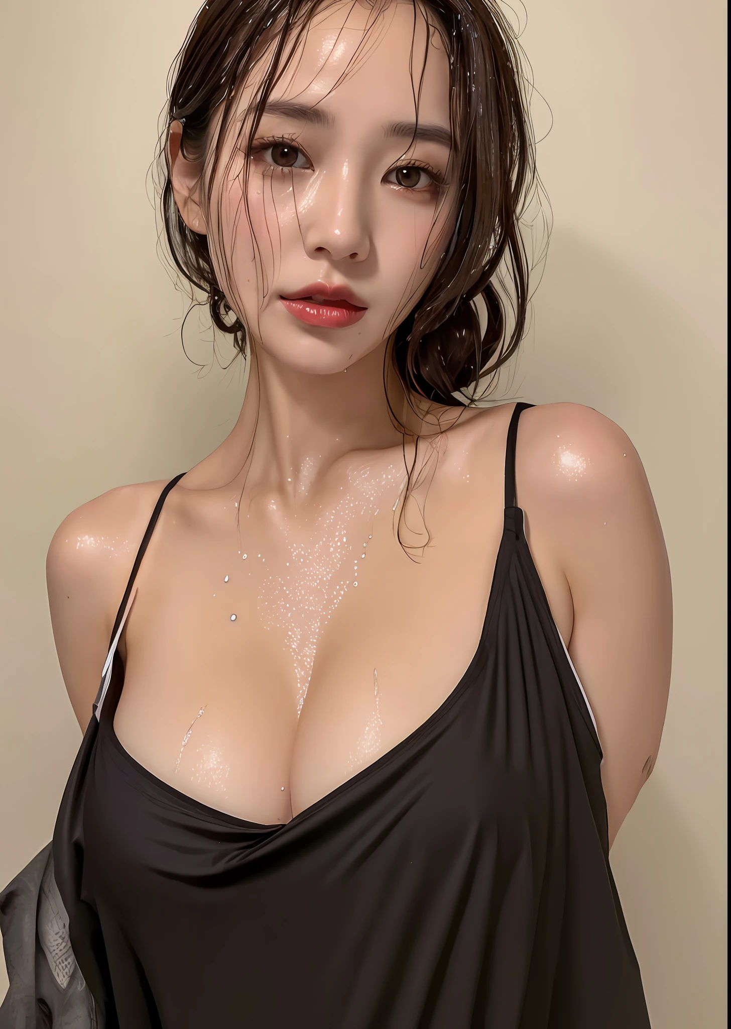 (Top Quality, 8k, 32k, Masterpiece, UHD: 1.3), Beautiful Woman, Woman 1 Person, (Breasts, Attractive Body: 1.2), Head to Waist Image, Dark Brown Hair: 1.1, (Wet Body, Wet Body: 1.2), Ultra-Detailed Face, Detailed Lips, Detailed Eyes, Double Eyelids, Detailed Wet Clothes, Detailed Wet Skin