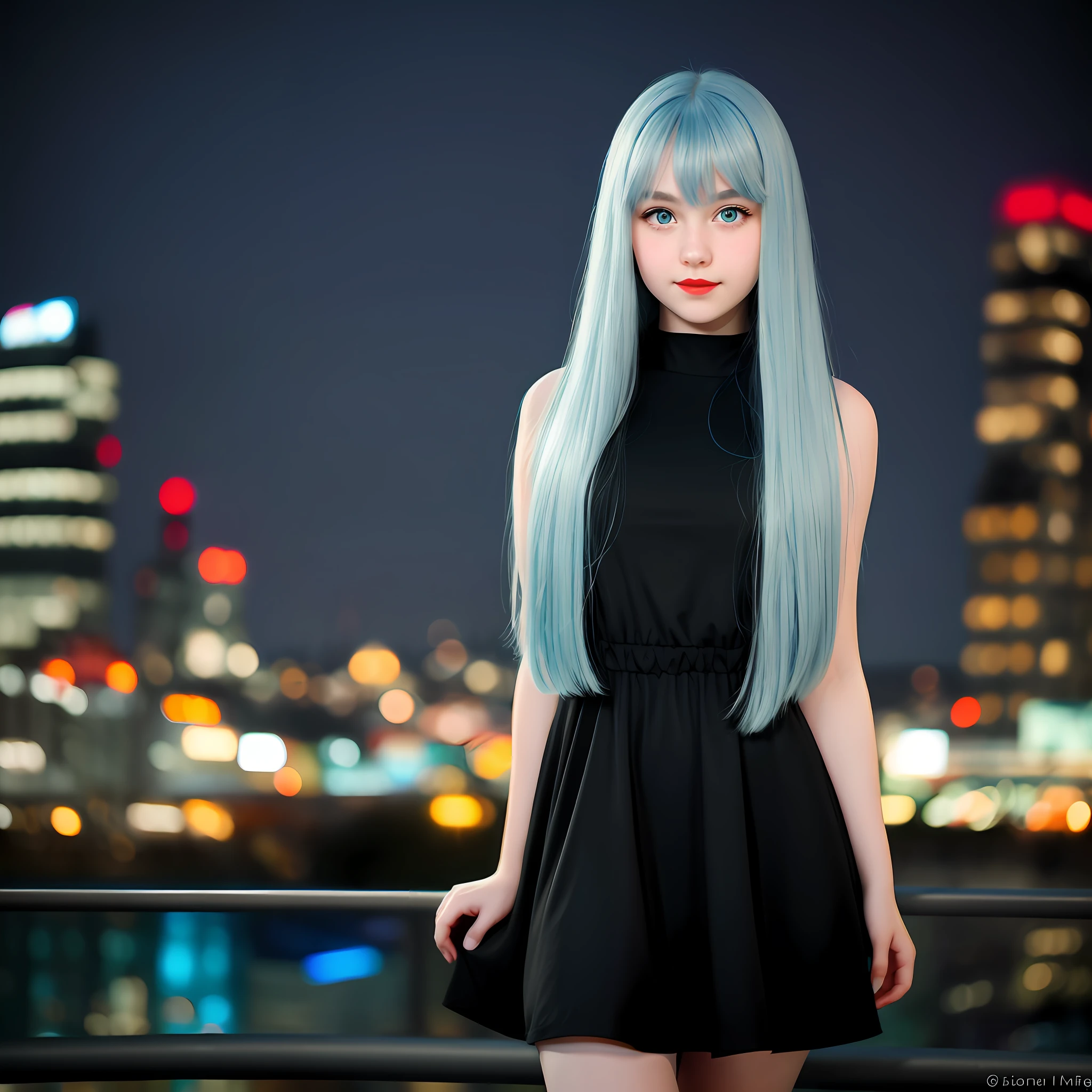 ****************, beautiful and realistic with long straight light blue hair up to the waist, large blue eyes together horizontally to the nose, rosy cheeks and red lipstick, with breasts not too big and not too small all covered, cute, wearing a black dress up to the knees. Photo taken with an 18 mm lens at f/1.5, with 100 K resolution and on a blurry background of a city at night full of illuminated buildings