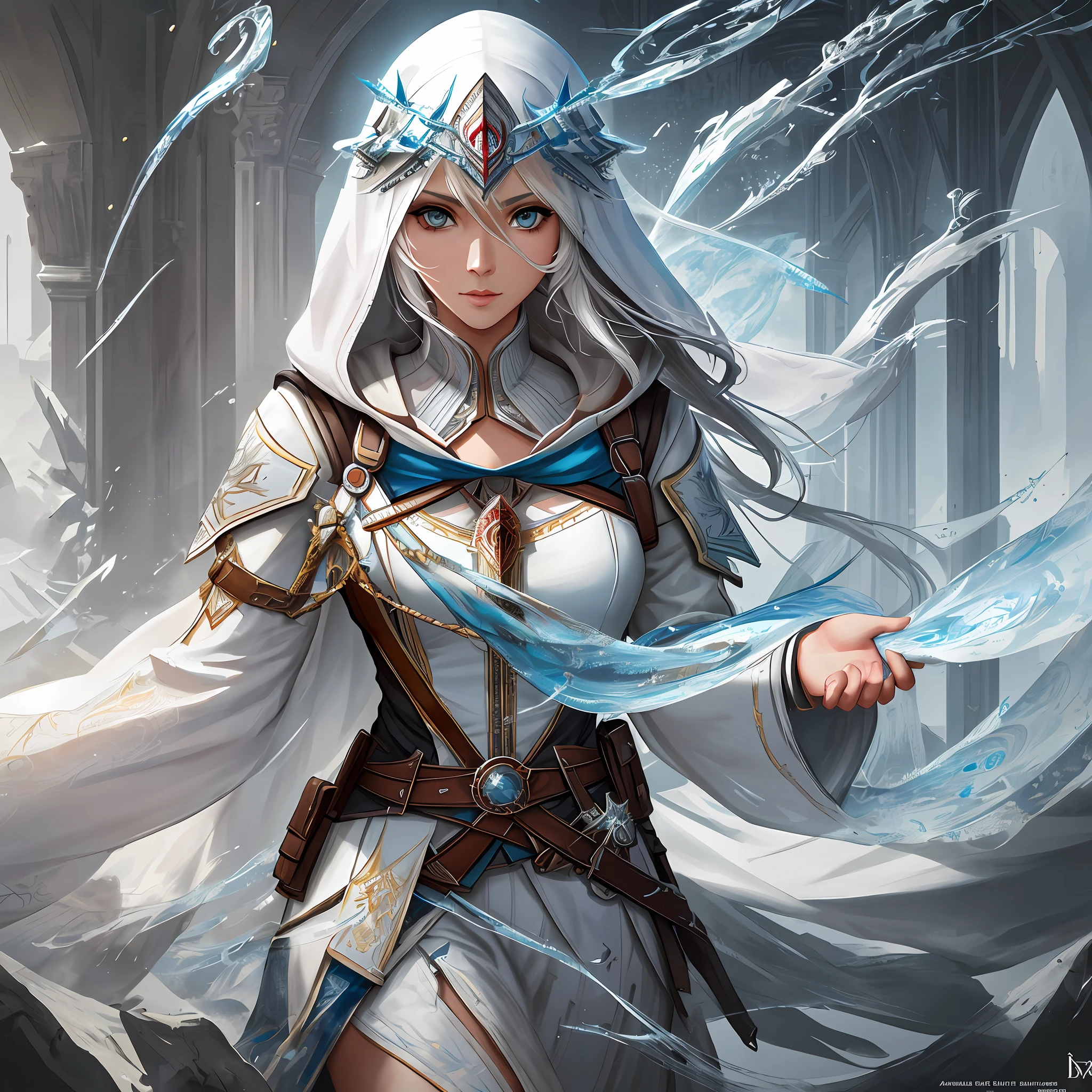 medium full shot female Altair from Assassin's Creed, detailed symmetric beautiful hazel eyes, detailed gorgeous face, dynamic pose, in the style of artists like Russ Mills, Darek Zabrocki, Ivan laliashvili, Jean-Baptiste Monge. Ink Dropped in water, splatter drippings, paper texture, pulp Manga, and perfect shading, with dramatic lighting. The artwork should be centered, stylized, and elaborate. TanvirTamim. rendered in 8K resolution for high-quality detail, artstation, concept art, smooth, sharp focus, illustration, highly detailed, soft natural volumetric cinematic perfect light, intricate artwork masterpiece