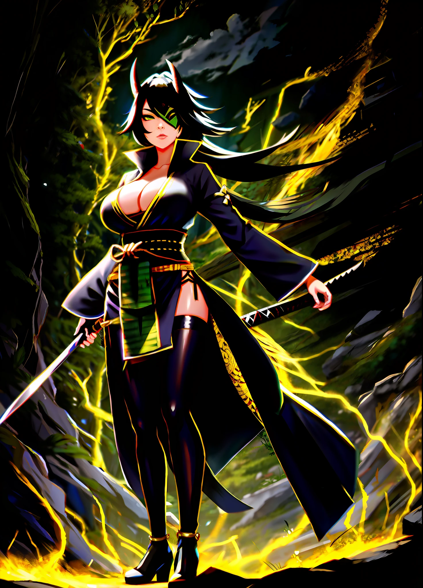 full body, Standing, Princess Zelda as Shinobi, costume all black with gold stripes, she has large breasts, (short black hair), ((wearing Oni mask on her face)), cut scar over right eye, (green eyes), a katana attached to her waist, blood all over her clothes, she is in an ancient ninja Temple full of swords stuck in the ground, Anime, masterpiece, 16k, award winning, best quality, high details, UHD, masterpiece, anatomically correct