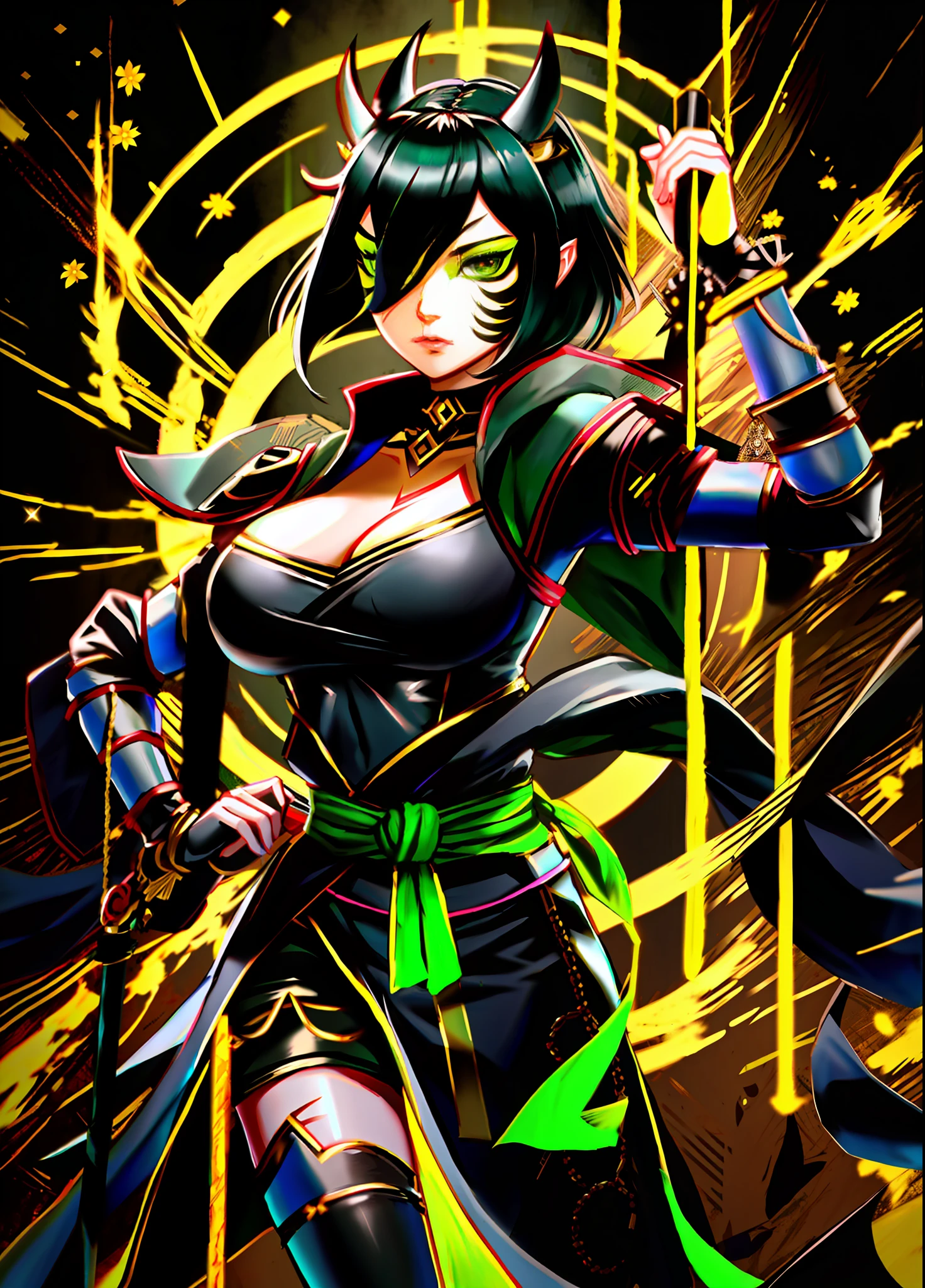 full body, Standing, Princess Zelda as Shinobi, costume all black with gold stripes, she has large breasts, (short black hair), ((wearing Oni mask on her face)), cut scar over right eye, (green eyes), a katana attached to her waist, blood all over her clothes, she is in an ancient ninja Temple full of swords stuck in the ground, Anime, masterpiece, 16k, award winning, best quality, high details, UHD, masterpiece, anatomically correct