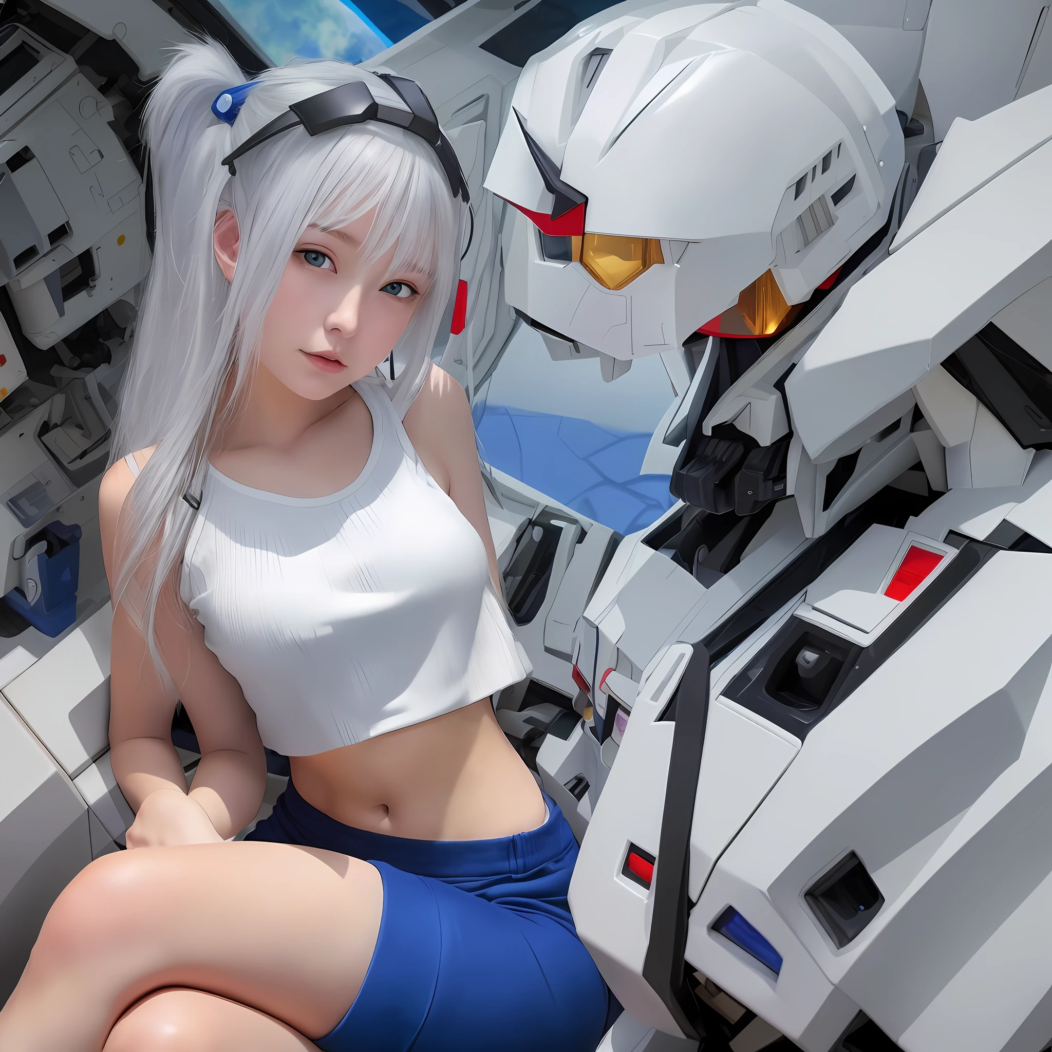 a Gundam, half body, header, shoulder, chest, photo of a Gundam, photo of head of Gundam , photo of shoulders of Gundam, photo of chest of Gundam, photo of cockpit, cockpit on Gundam chest, cockpit open, a women, white hair, blue eyes, photo of a woman, sit, woman sit, young woman sit on Gundam shoulder, photo of woman sit, photo of a girl in white long hair, a woman in a white top and blue shorts, wearing crop top, beautiful young woman, beautiful midriff, wearing a sexy cropped top, thin waist, sultry body with sexy belly。