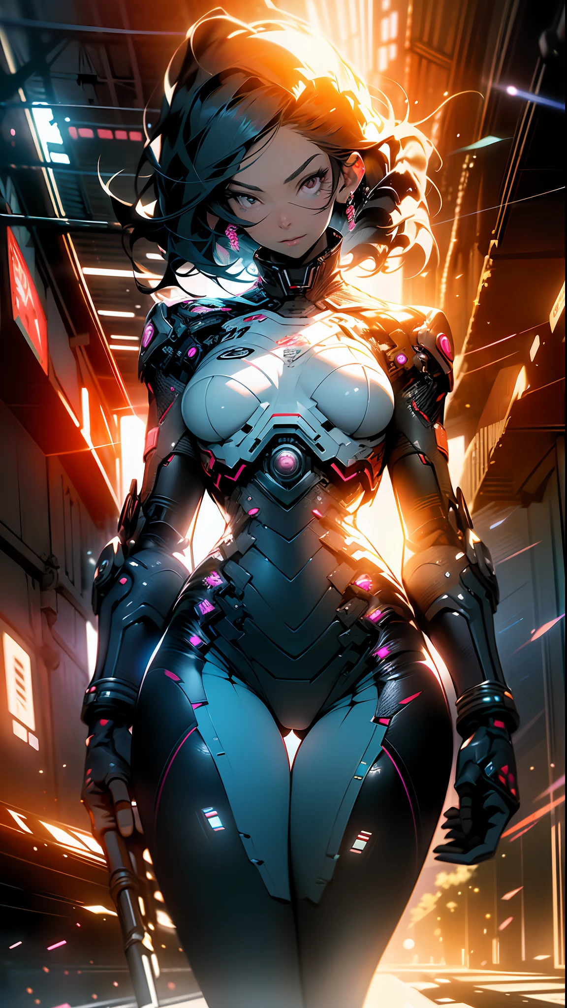 ((Best quality)), ((masterpiece)), (detailed: 1.4), 3D, an image of a beautiful cyberpunk woman Black hair with red locks, HDR (High Dynamic Range),Ray Tracing,NVIDIA RTX,Super-Resolution,Unreal 5,Subsurface dispersion, PBR texture, Post-processing, Anisotropic filtering, Depth of field, Maximum clarity and sharpness, Multilayer textures, Albedo and specular maps, Surface shading, Accurate simulation of light-material interaction, Perfect Proportions, Octane Render, Two-Tone Lighting, Wide Aperture, Low ISO, White Balance, Rule of Thirds, 8K RAW, crysisnanosuit, Action Pose, Full Body, Thighs Out, Neckline, Niji Stile